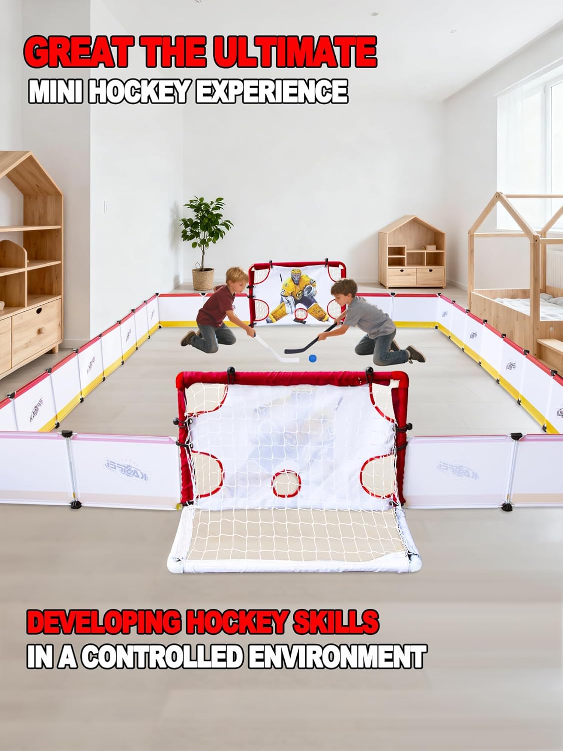 kasifei Mini Hockey Rink Set - Full Rink - Complete Indoor/Outdoor Sports Games with Steel Knee Goals, Sticks, and Ball - for Kids Ages 3 and Up