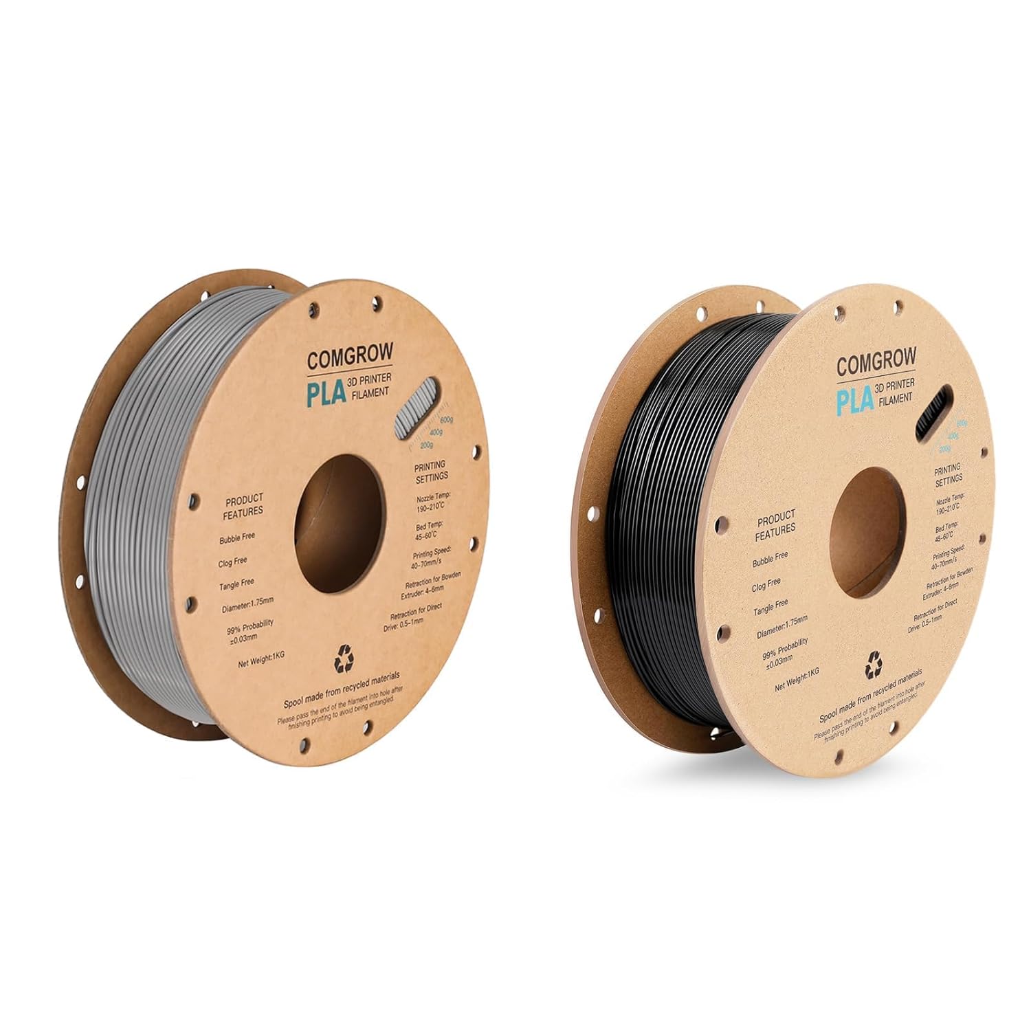 Comgrow PLA 3D Printer Filament Grey and PLA 3D Printer Filament Black