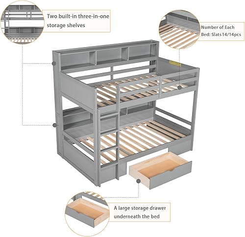 Miniatura 3 de Polibi Litera individual sobre individual con estantes integrados junto a la cama superior e inferior y cajón de almacenamiento, litera de madera de