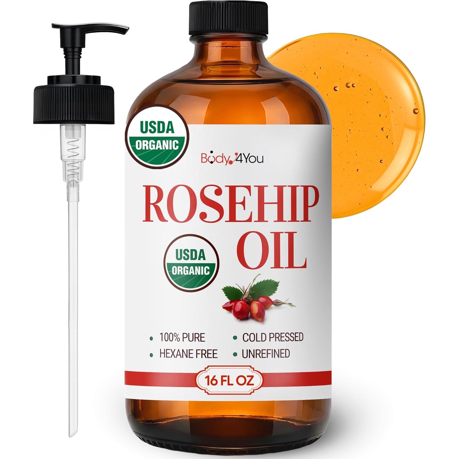 BodyJ4You Rosehip Oil for Face - 100% Pure Natural USDA Organic Cold Pressed - Hydrating Skin Hair Nails Anti-Aging Wrinkle Scar Treatment Gua Sha - Non-GMO Undiluted Carrier - Glass Bottle 16 Fl Oz