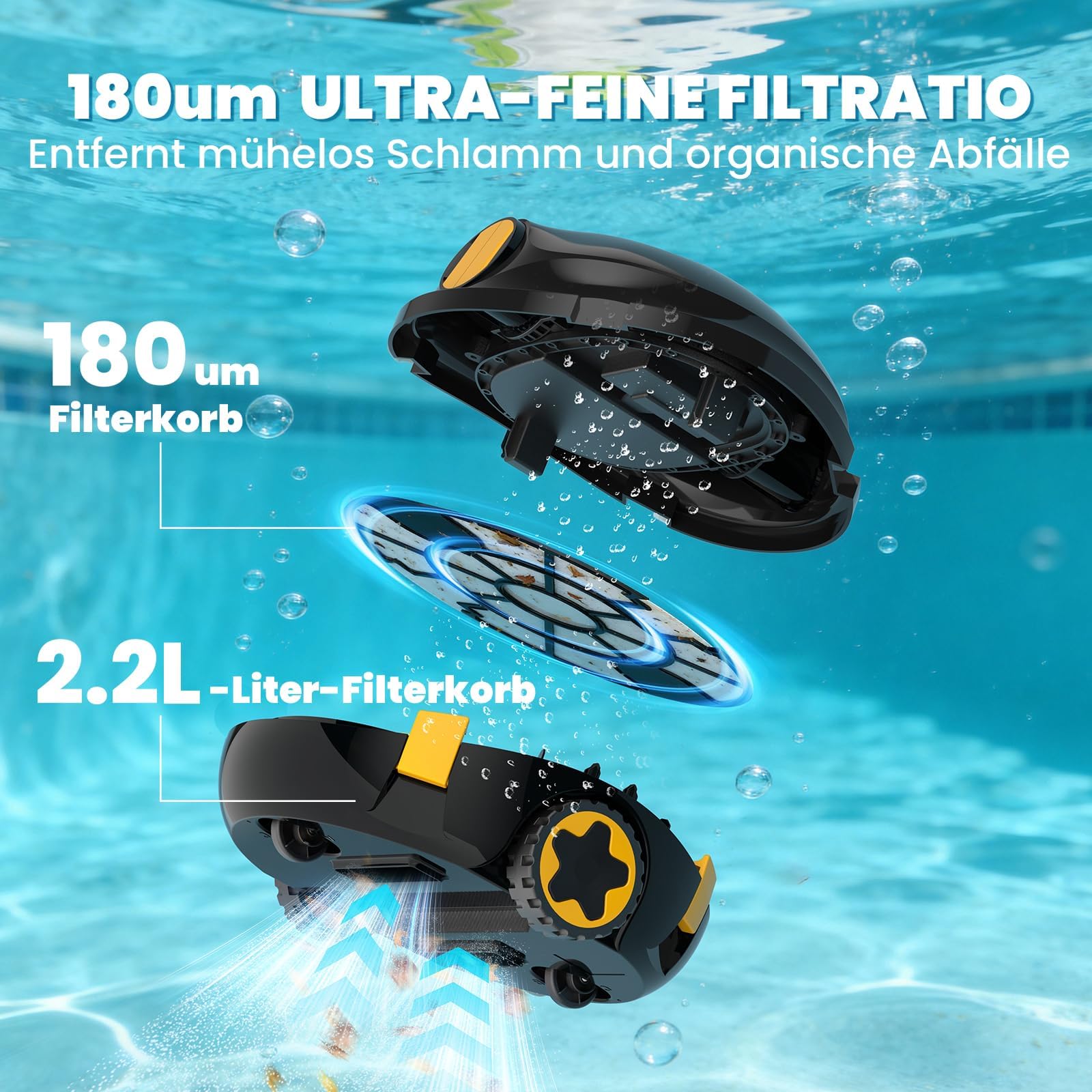 Kabellos Poolsauger Akku, 120 Min. Laufzeit, Leichtgewicht Poolroboter, Automatische Reinigung mit Selbsteinparkfunktion, Leistungsstarker Poolsauger für Flache Boden bis 110 m²(Schwarzo)