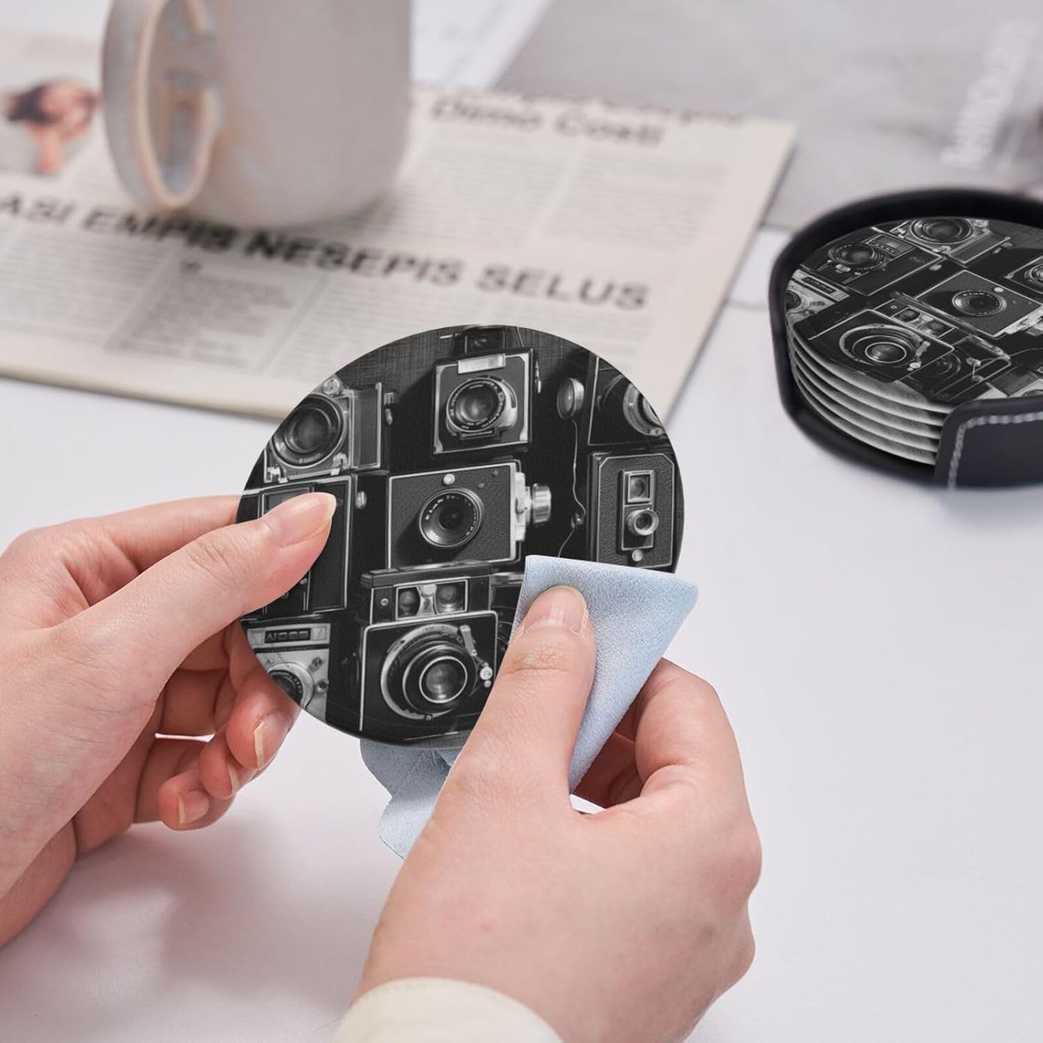 Coasters Set of 6 Drink Coasters with Holder Round Leather Coasters Retro Cool Camera Collection Coasters for Drinks Cups Mugs Mat Pads Absorbent Non-Slip Coasters for Coffee Table Bar Home Decor image 4
