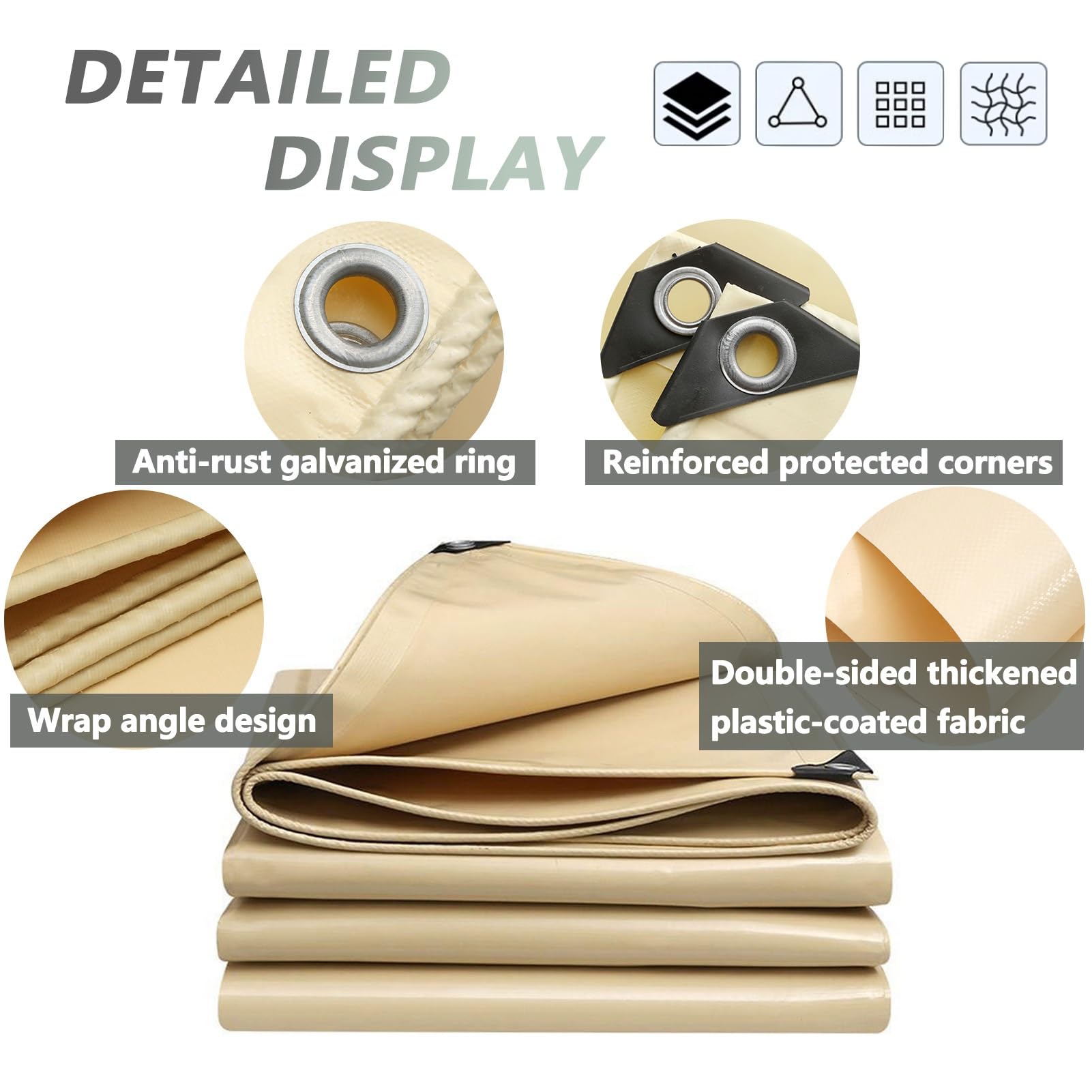 Telone di Copertura Beige Piccolo 1x1,5 m 1,2x1,5 m 1,8x2,4 m 2x3 m 3x4 m Telo con Occhielli Occhielli antiruggine Multiuso, Telo di Fondo, Campeggio, Nautica, Escursionismo (4x4 m