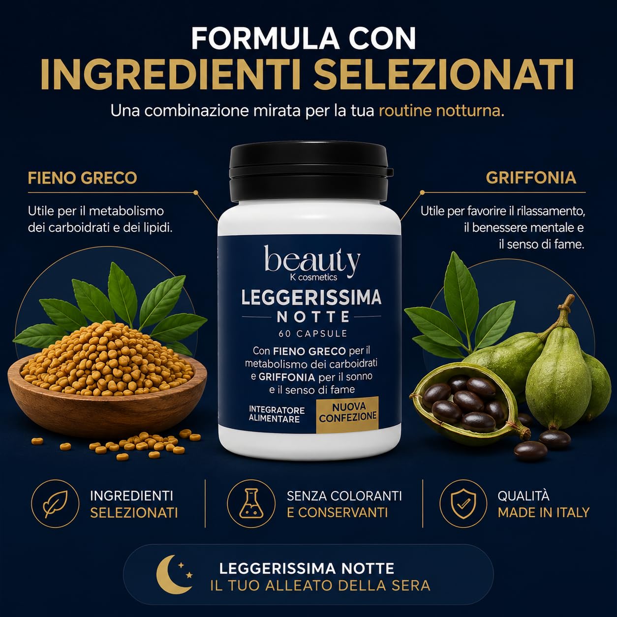 Leggerissima Notte Integratore Alimentare Notturno in Capsule, 180 Capsule | Supporto al Controllo del Peso, Benessere Notturno, Con Griffonia, Fieno Greco e Mate