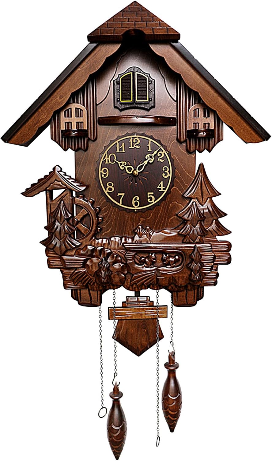 Cuckoo Clocks,Wall Clock,Cuckoo Clocks for Wall,Cuckoo Clock Vintage Singing Bird,Brown Home Decor Solid Wood Carved Trees,Waterwheels,Pine Cones and Cuckoo Pendulum Clock,Style b
