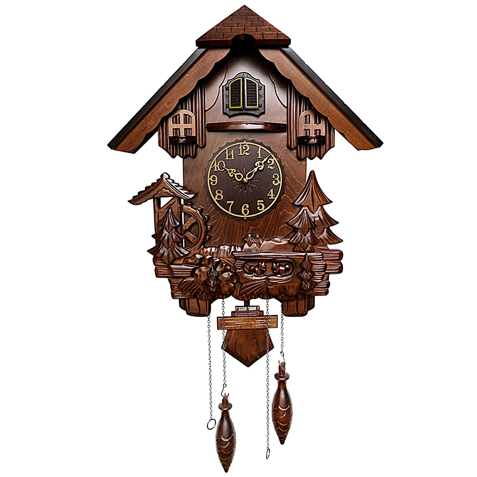 WRJAHCG Cuckoo Clocks,Wall Clock,Cuckoo Clocks for Wall,Solid Wood Carved Cuckoo Clock Vintage Singing Bird,Brown Home Decor Waterwheel,Trees,Pine Cones
