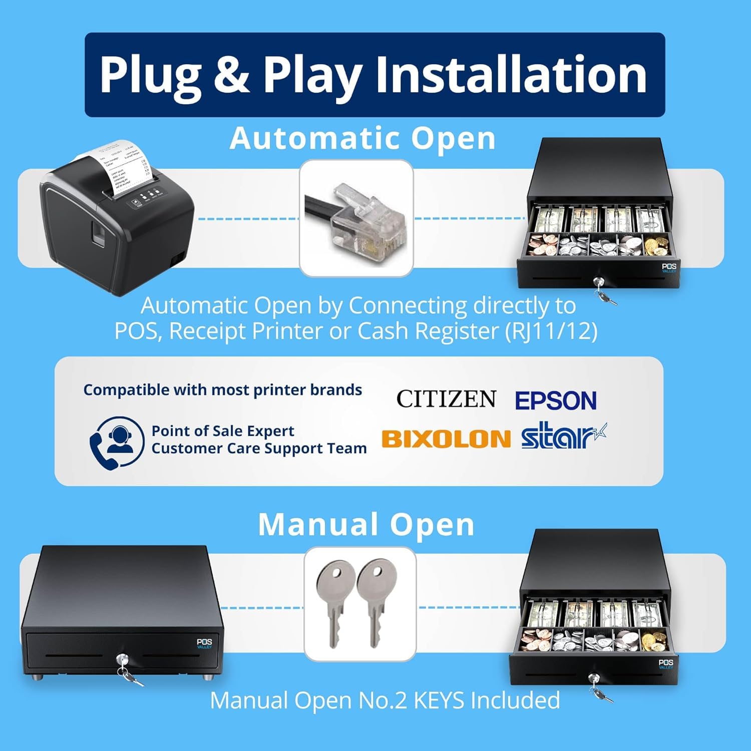 Cassetto Porta Soldi per Registratore di Cassa 33x33 cm, Automatico/Manuale RJ11, Kit Professionale con Penna Verifica Banconote - Cassetto Cassa 4 Banconote e 8 Monete, Nero