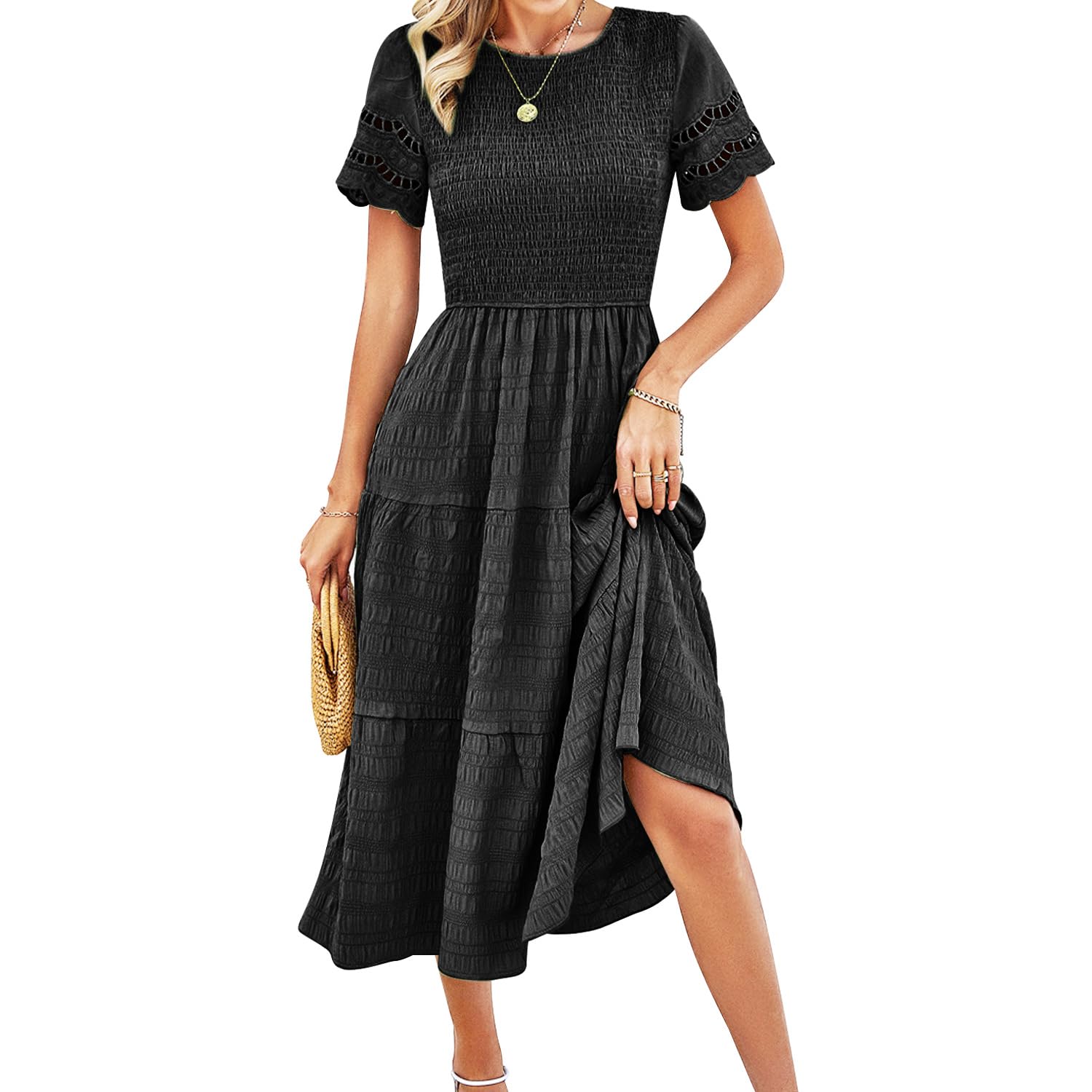 EYYECAN Damen-Sommerkleid, lässig, V-Ausschnitt, Rüschenärmel, gesmokt, hohe Taille, Midi-Kleid