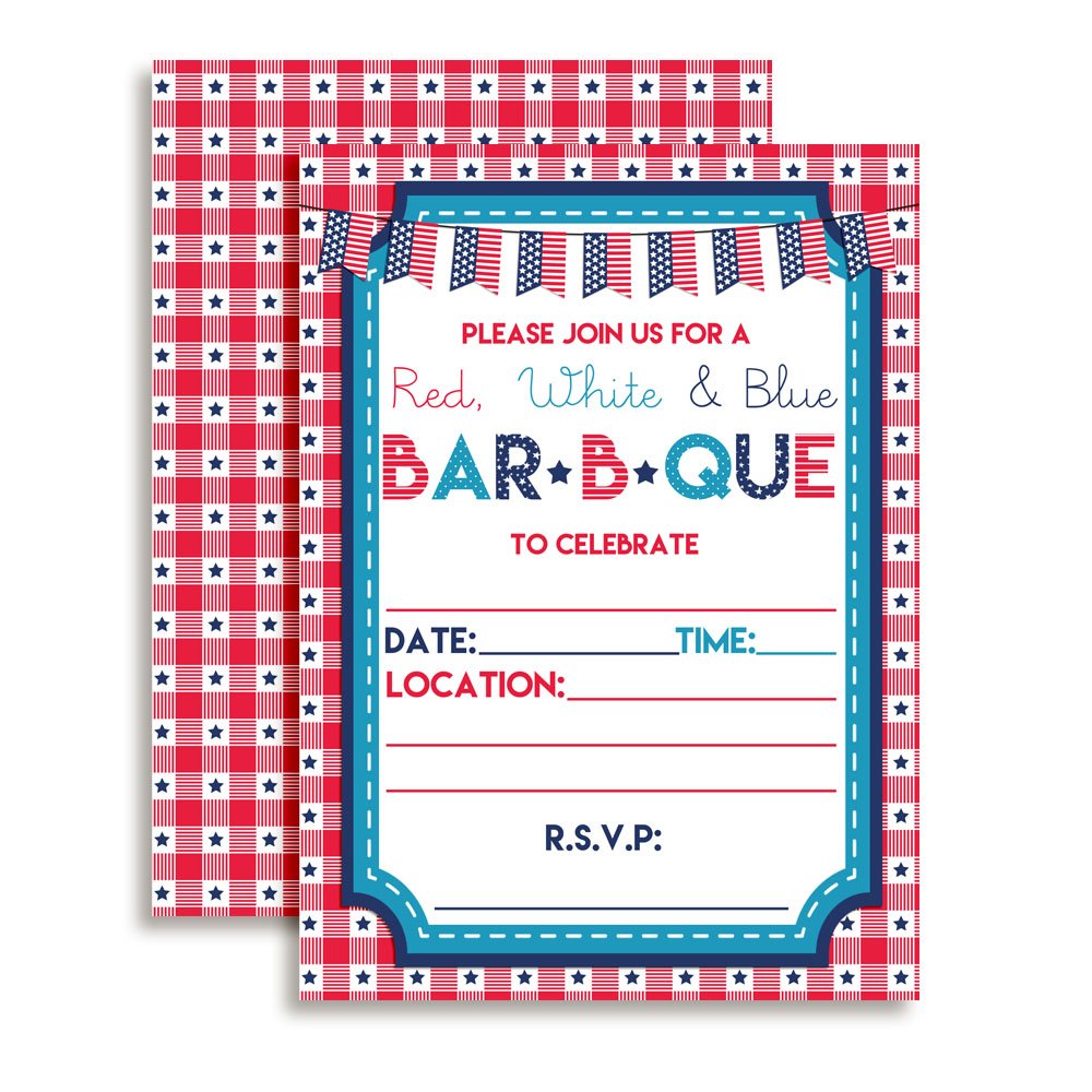 Red White and Blue BBQ Party Invitations, 20 5x7 Fill In Cards with Twenty White Envelopes by AmandaCreation