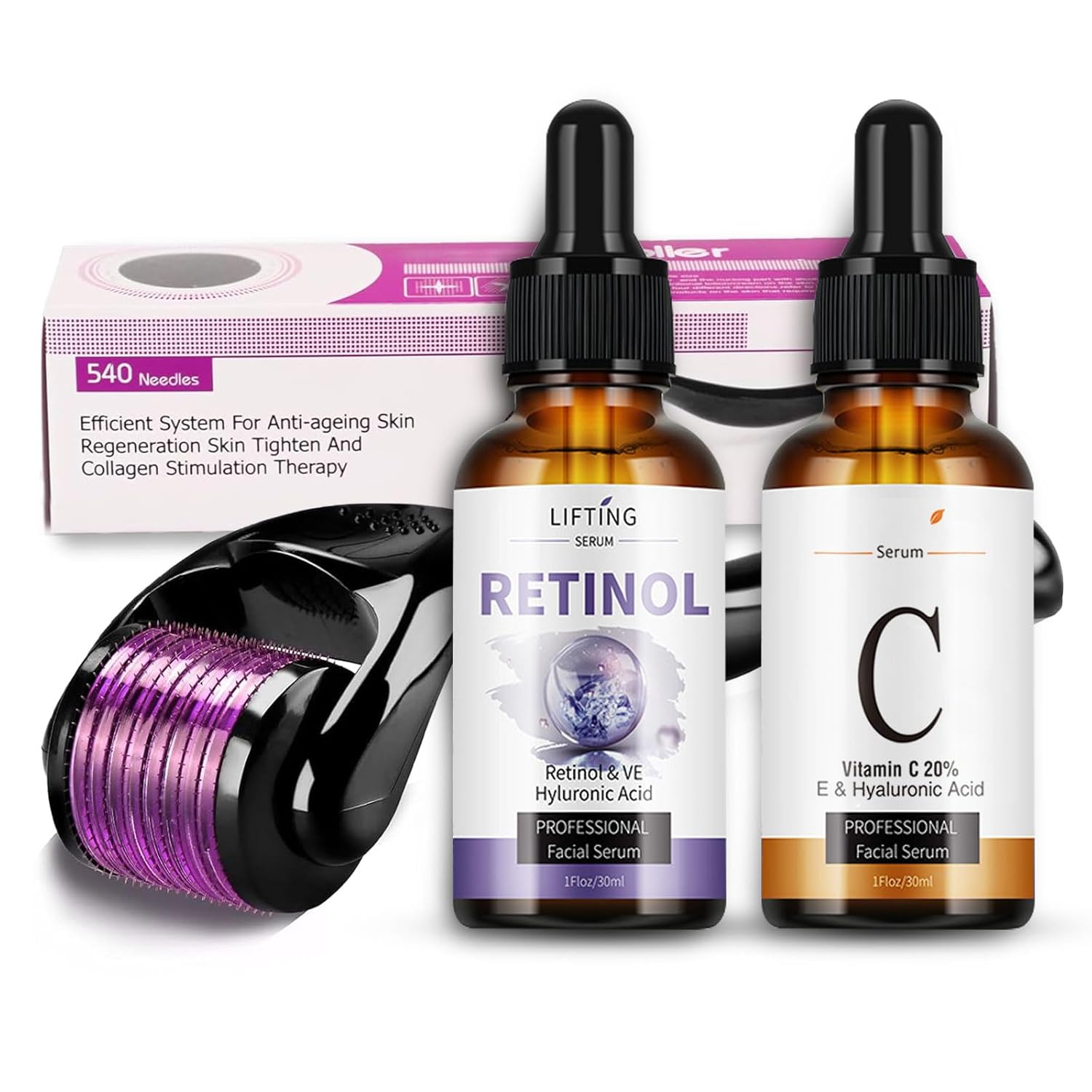 Micro Needling Set, Vitamin C & Retinol Serum, Derma Roller 0.5 mm with Vitamin C Serum Face, 540 Titanium Derma Roller, Pigment Spot Remover, Anti-Ageing Micro Infusion System