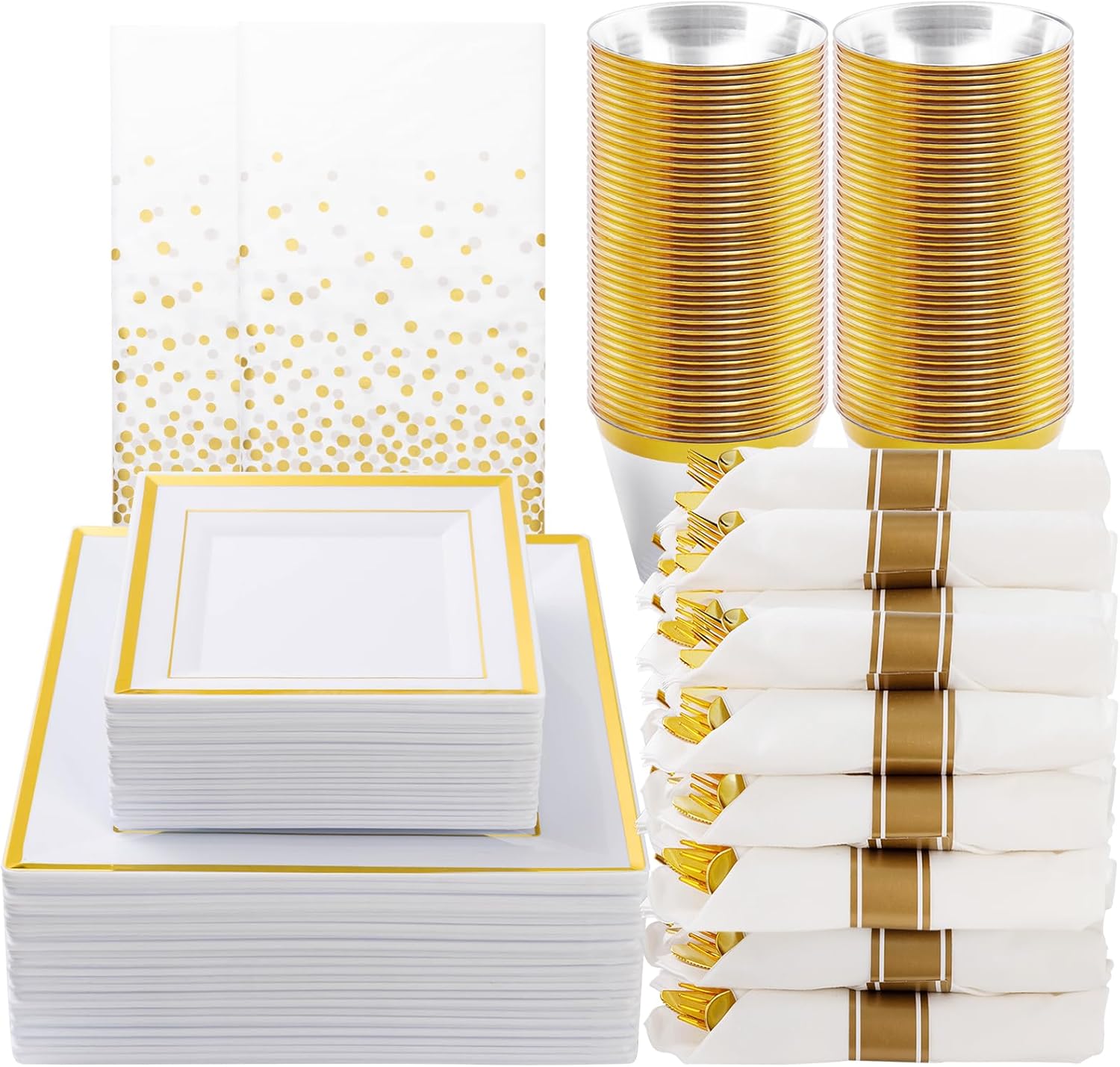 goodluck 352 piece gold dinnerware set for 50 guests, thanksgiving square plastic plates with gold trim, include: 100 plastic plates, 50 rolled napkins, 50 cups, 50 cutlery set and 2 tablecloth 50 guests gold