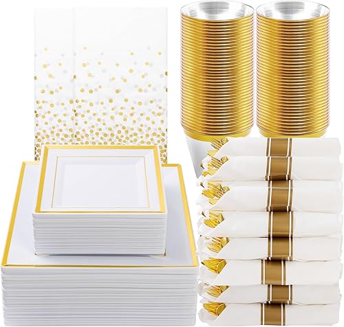 Miniatura 8 de Goodluck Juego de vajilla dorada transparente de 176 piezas para 25 invitados, platos de plástico cuadrados transparentes con borde dorado, incluye