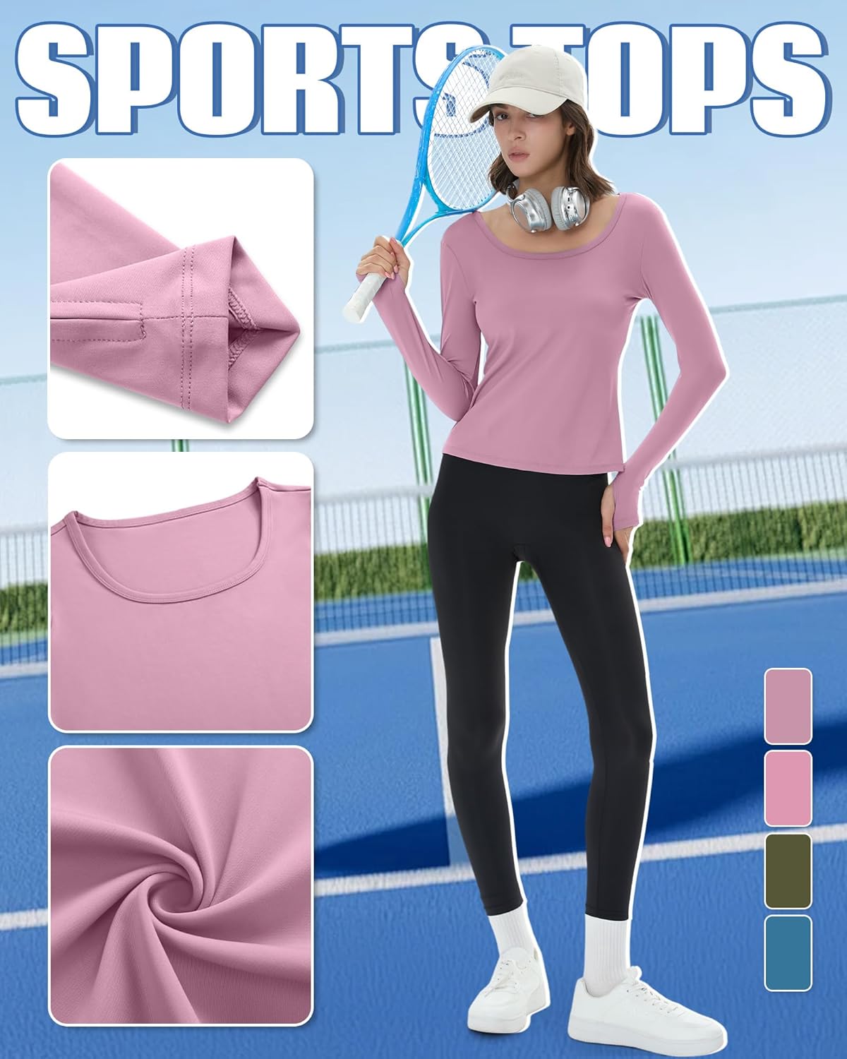 4 Pack Women's Workout Tops Long Sleeve Compression Shirts U Neck Slim Athletic Yoga Basic Shirt with Thumb Holes - Image 4