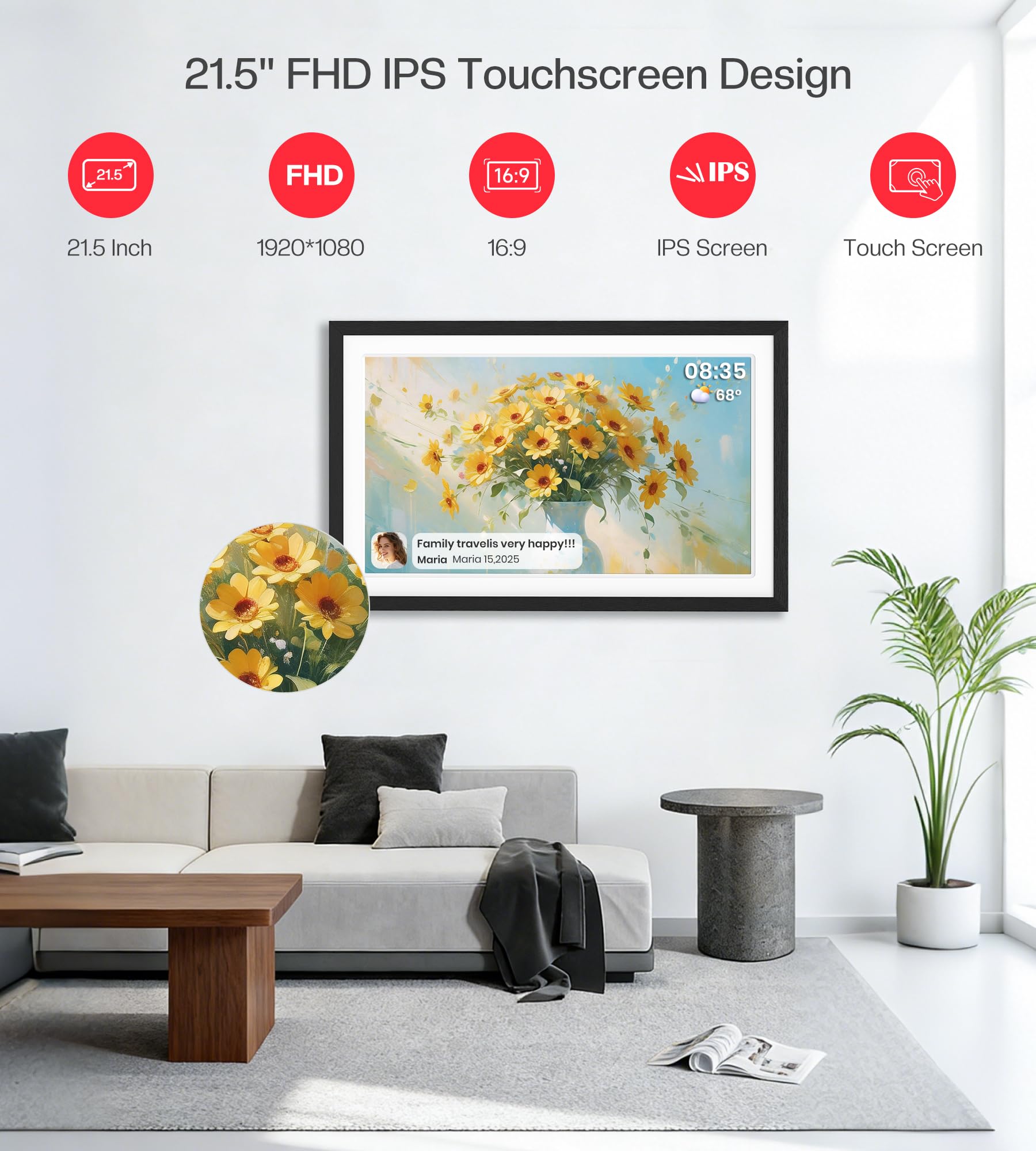 BIGASUO Digital Picture Frame, 10.1" Frameo Digital Frame WiFi with 32GB Memory, 1280x800 IPS Touch Screen, Send Photos/Videos from Your Phone Anywhere, Photo Gifts for Parents and Grandparents: 21.5" Black & White 64GB