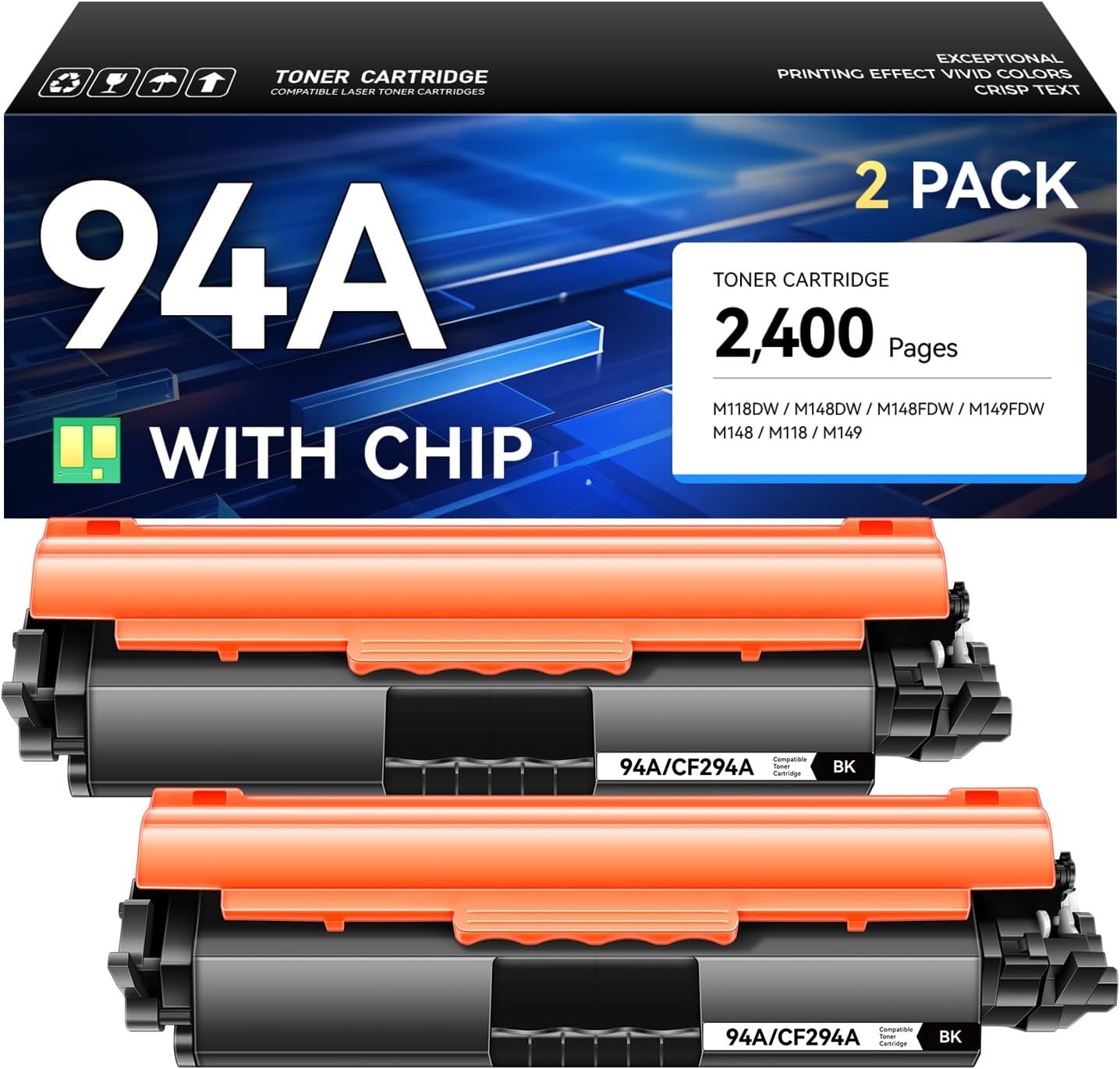 94A Toner Cartridge Black 2-Pack with Chip High Yield Replacement for HP 94A CF294A 94X CF294X Toner Compatible with HP LaserJet Pro MFP M148dw M148fdw M118dw Printer Ink M148 M118 M149 Series Copier