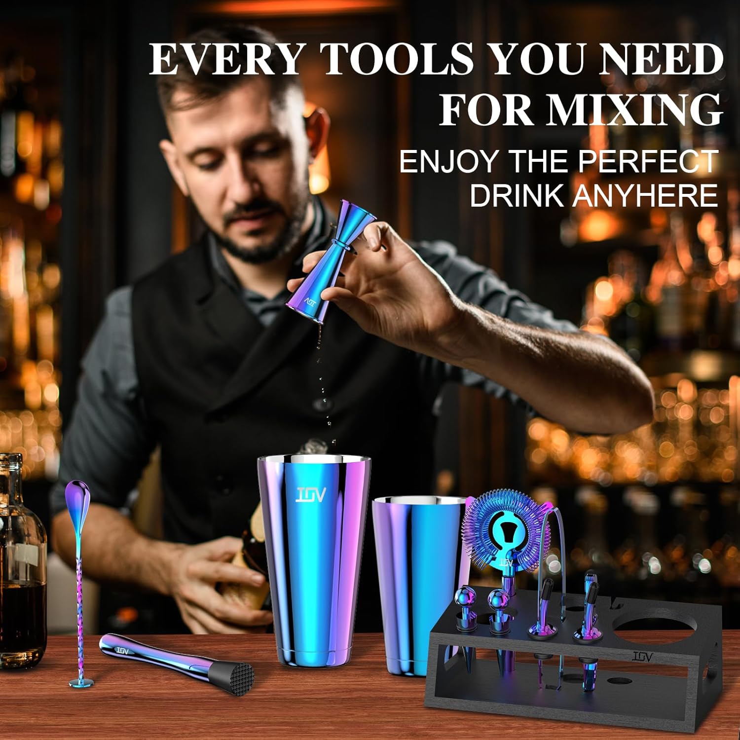 IOV Cocktail Shaker Set: 12-Piece Mixology Bartender Kit Bar Set | 18oz & 28oz Boston Shaker Drink Mixing Tools for Home with Recipe Booklet and Stand | Fun Housewarming Gift (Rainbow) - Image 6
