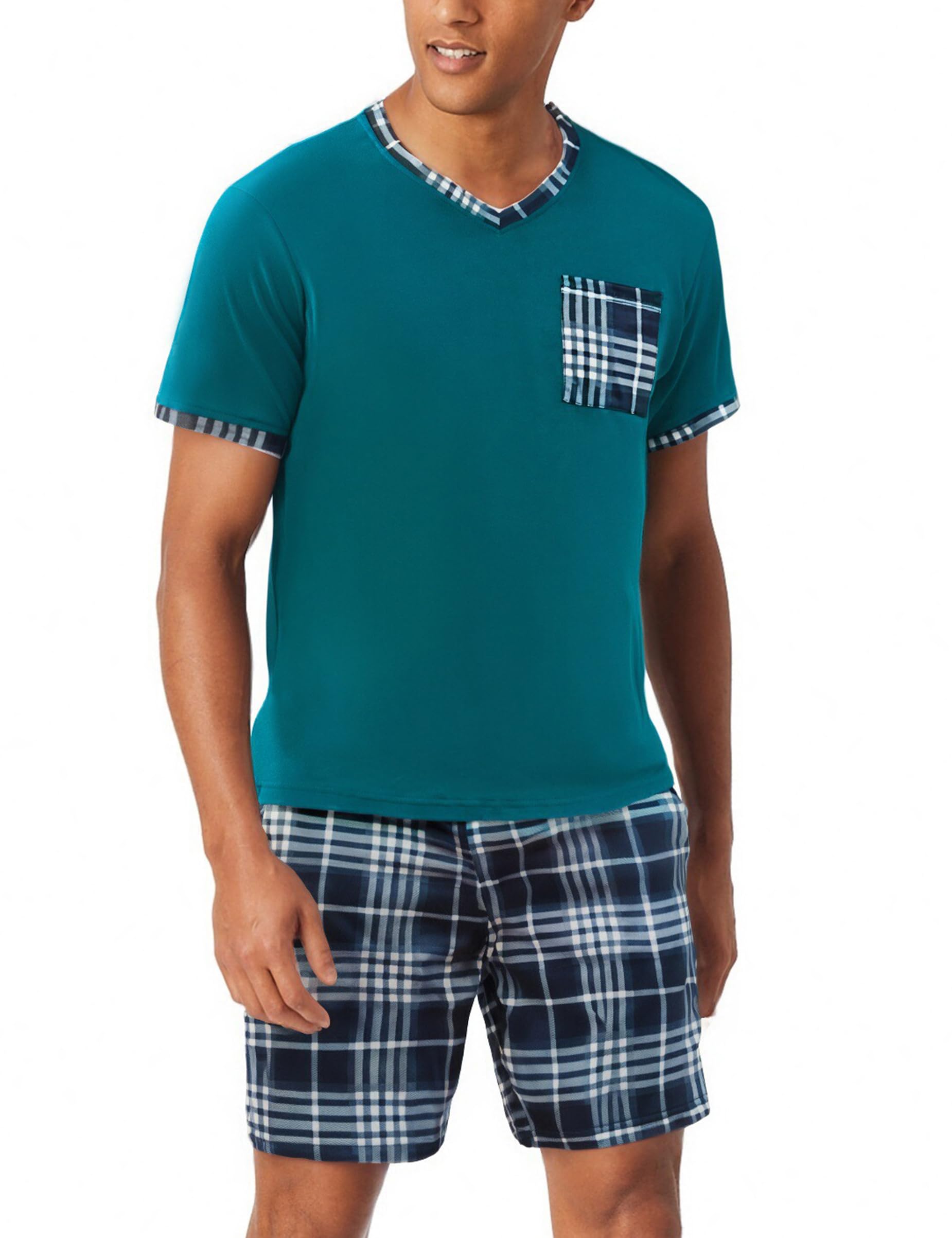 Aseniza Herren Schlafanzug Kurz Baumwolle Sommer Pyjama V-Auschnitt Zweiteilige Pyjamas Nightwear Set mit Kurzarm T-Shirt und Karierter Schlafanzughose