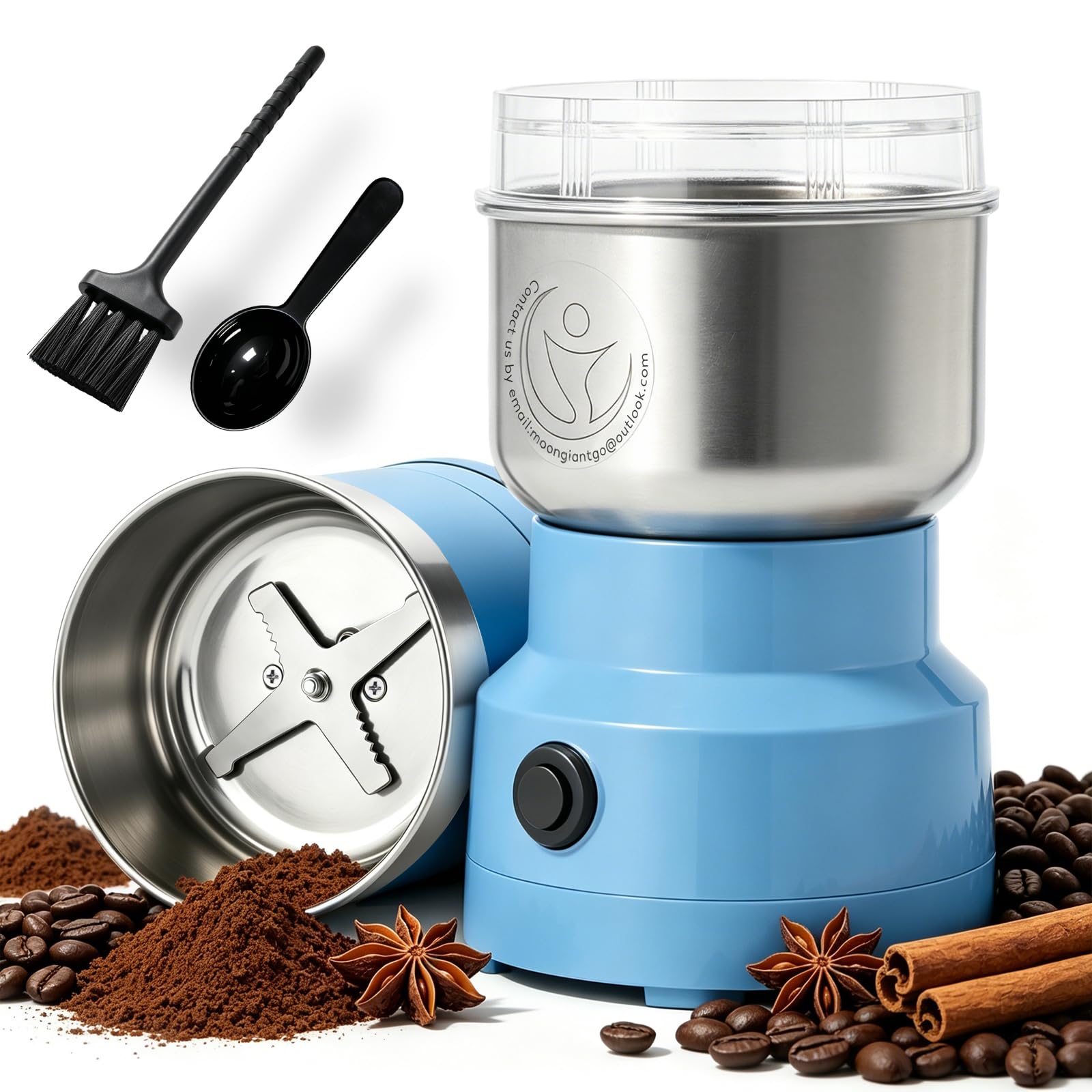 Moongiantgo Moulin à Céréales Multifonctionnel 150W 14500rpm, Moulin à Café Ultra-Fin, 300ml Broyeur à Épices Électrique Portable, Acier Inoxydable, Parfait pour Matières Sèches, Herbes, Café (Bleu)