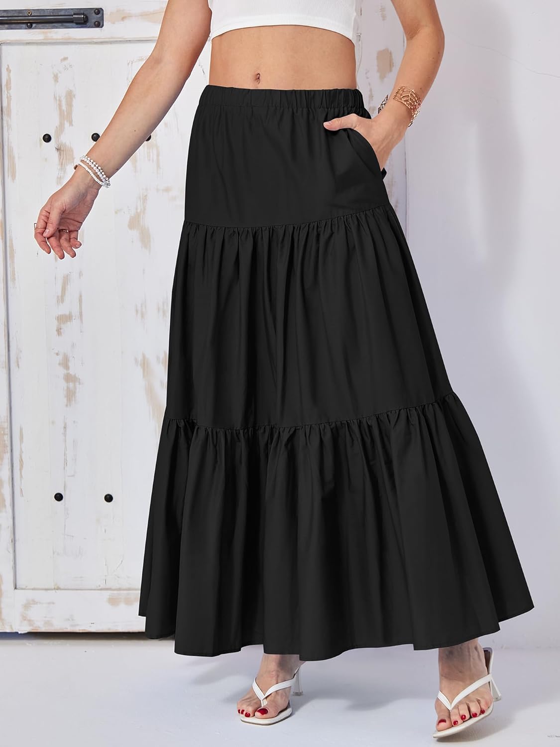 Yulaviniee Women's Boho Maxi Skirt with Pockets High Waisted Layered Tiered Casual A-Line Long Flowy Skirts - Image 4