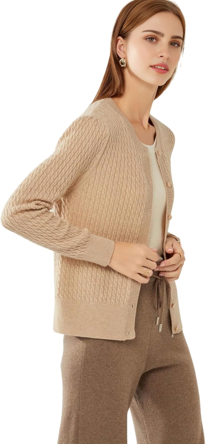 100% Cashmere Women's Cable Knit Cardigan Sweaters for Women Long Sleeve Crew Neck Warm Button Down - Image 3