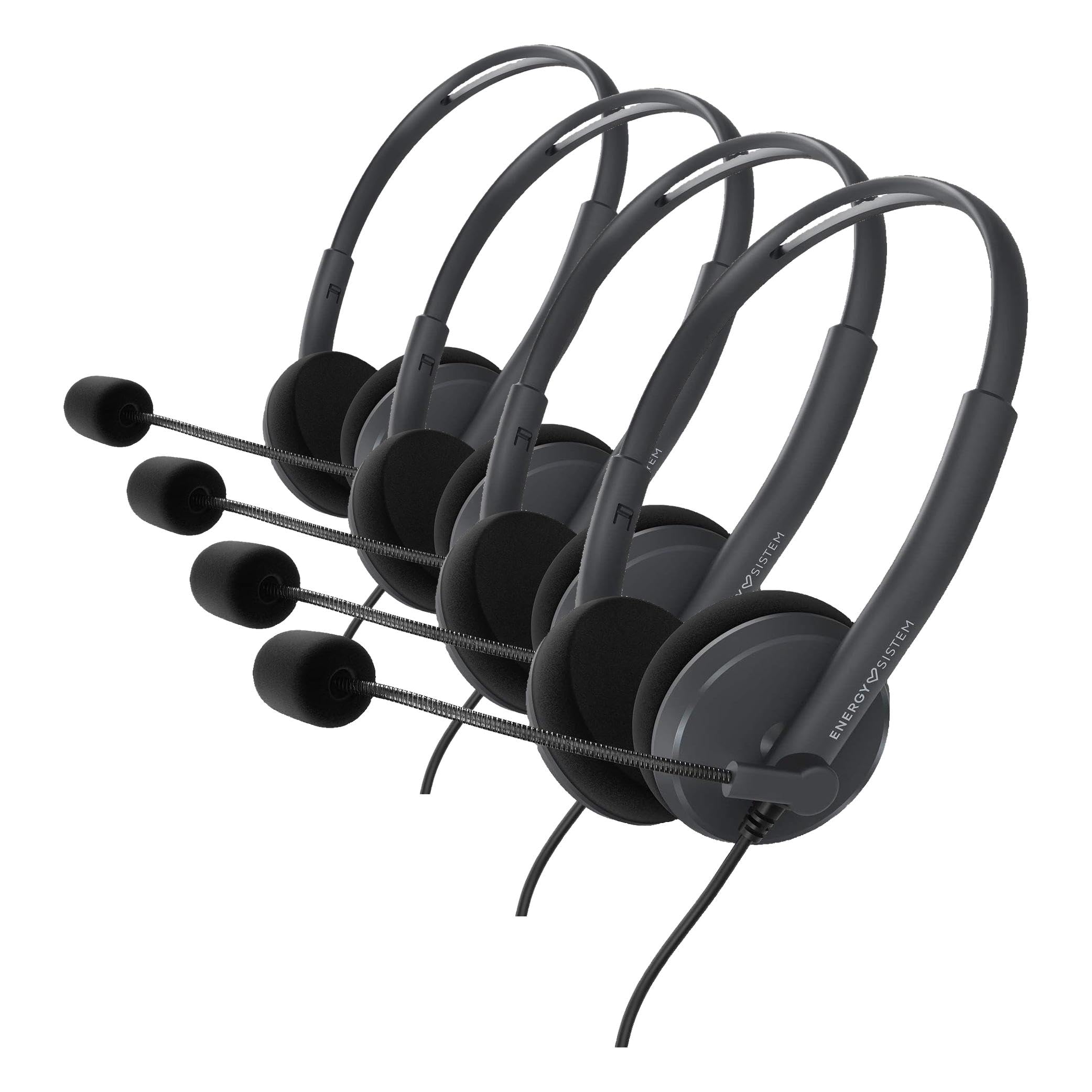 Energy Sistem Headset Office 2 Anthracite (Auricular On-Ear, Compatible con PC/Mac/Smartphone, Conector 3.5 mm, micrófono con Brazo retráctil), Negro (Paquete de 4)