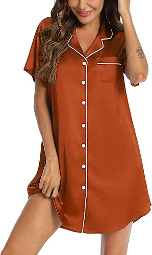 Miniatura 3 de Senert Camisón de satén para mujer, con botones, camisa de dormir de manga corta, pijama, vestido de pijama, camisón novio, S-XXL