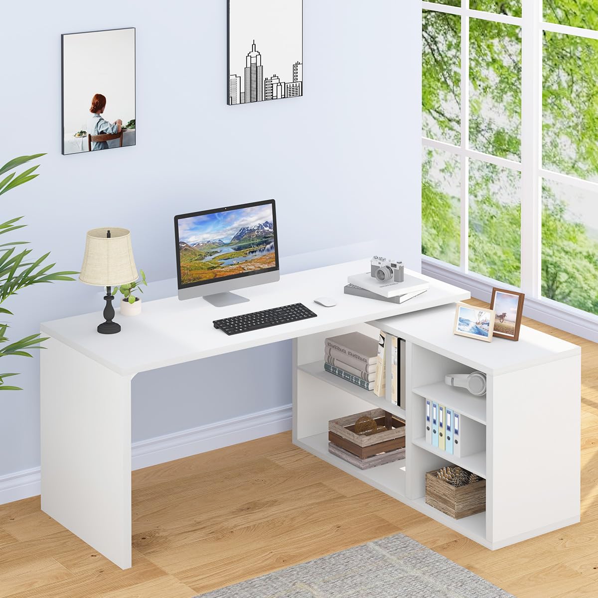 HSH Schreibtisch L Form mit Stauraum 140x60 cm Computertisch Eckschreibtisch mit Ablagefächer PC Ecktisch L-förmiger Gaming Tisch mit Regal für Büro Homeoffice Schlafzimmer Arbeitszimmer Weiß