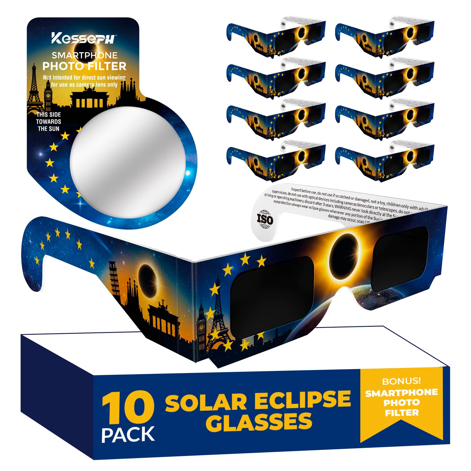 Kesseph Solar Eclipse Glasses Approved 2026, (10 Pack) CE and ISO Certified Solar Eclipse Observation Glasses, Safe Shades for Direct Sun Viewing, Bonus Smartphone Photo Filter Lens, Flag design — image 1