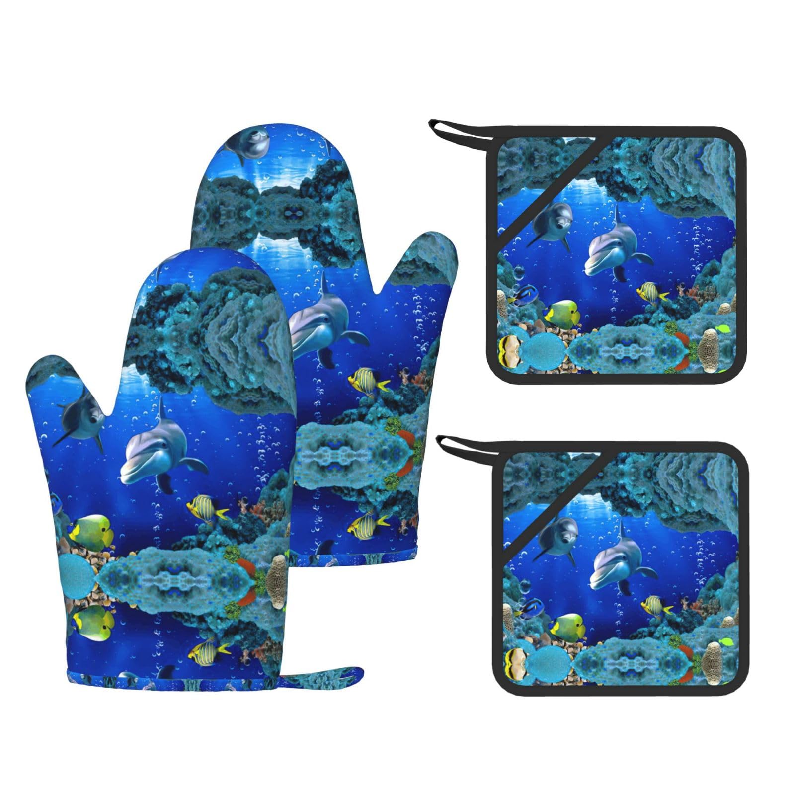 3D Underwater world fish dolphi Printed Kitchen Set with Heat Resistant Oven Gloves & Non-Slip Pot Holders for Daily Cooking