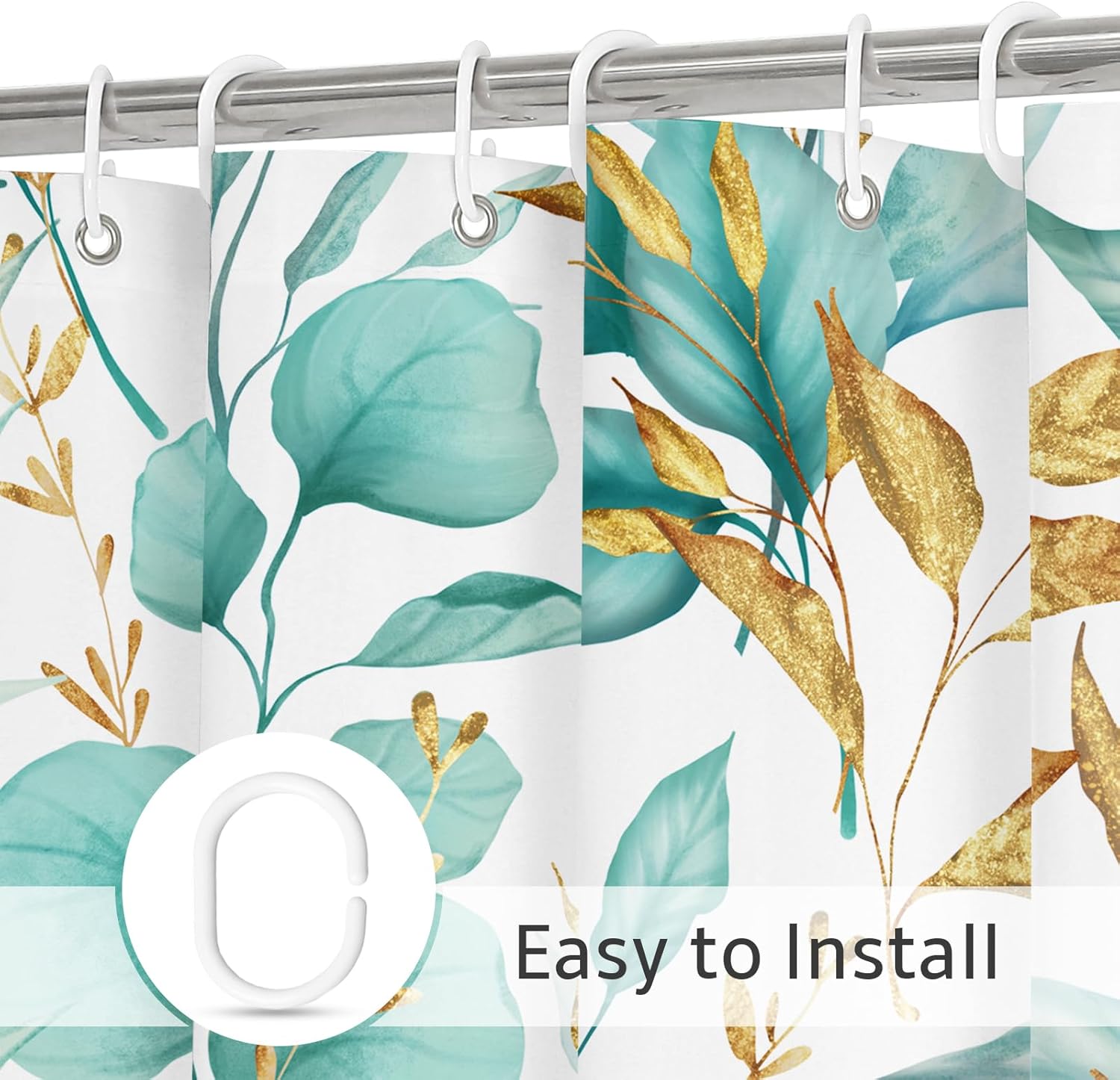 Litabel Teal Gold Plant Shower Curtain, Botanical Leaves on White Background Natural Curtain Set for Aesthetic Bathroom Waterproof Odorless Fabric 72x72 inches, Hooks Included
