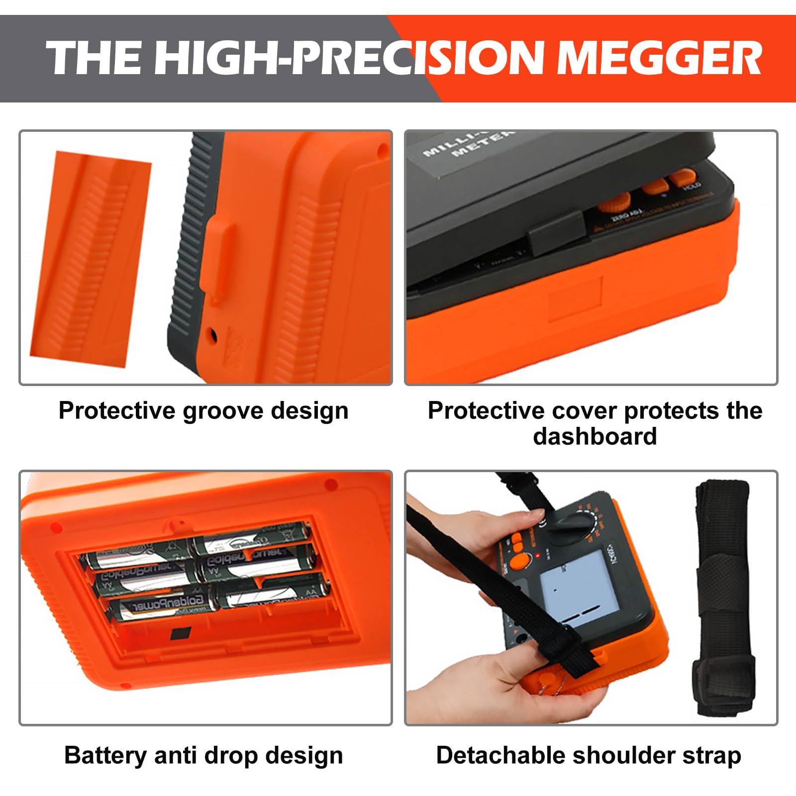 Digital Megohmmeter, Isolationswiderstandstester Isolationswiderstand 0.1MΩ-2GΩ mit 250V/500V/1000V Prüfspannung mit hintergrundbeleuchtetem LCD-Display, Inkl. Messspitzen Krokodilklemmen