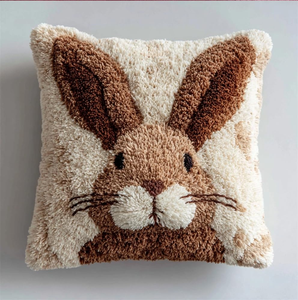 kitphoenix Latch Hook Cushion Kit -Rabbit 17X17Inch, DIY Needlework Pillow Cover Cushion Rug Making Kit for Adults