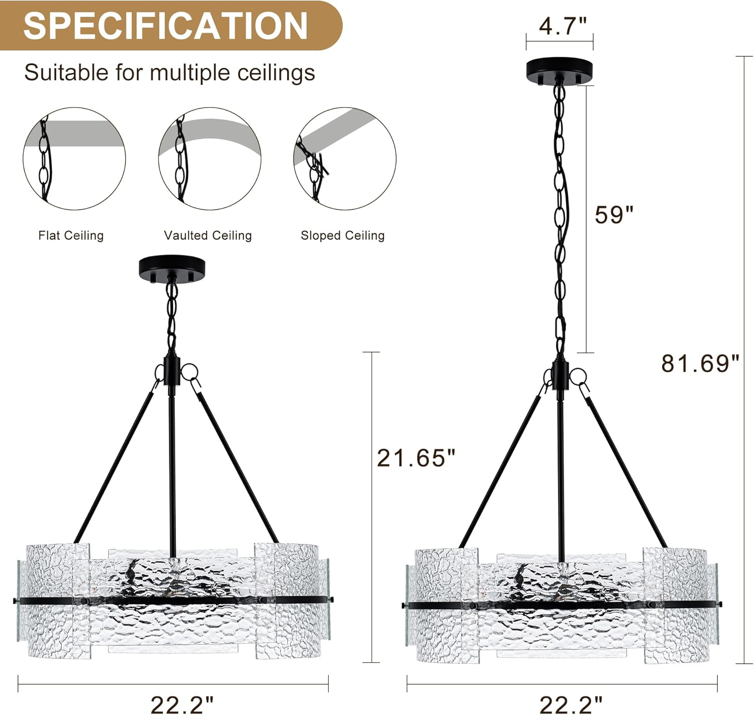 MAYNA Modern Dining Room Chandelier 22.2” Black Textured Glass Chandelier Luxury Drum Crystal Light Fixture Farmhouse Round Hanging Lighting for Dining Room Kitchen Island Living Room Hallway Bedroom