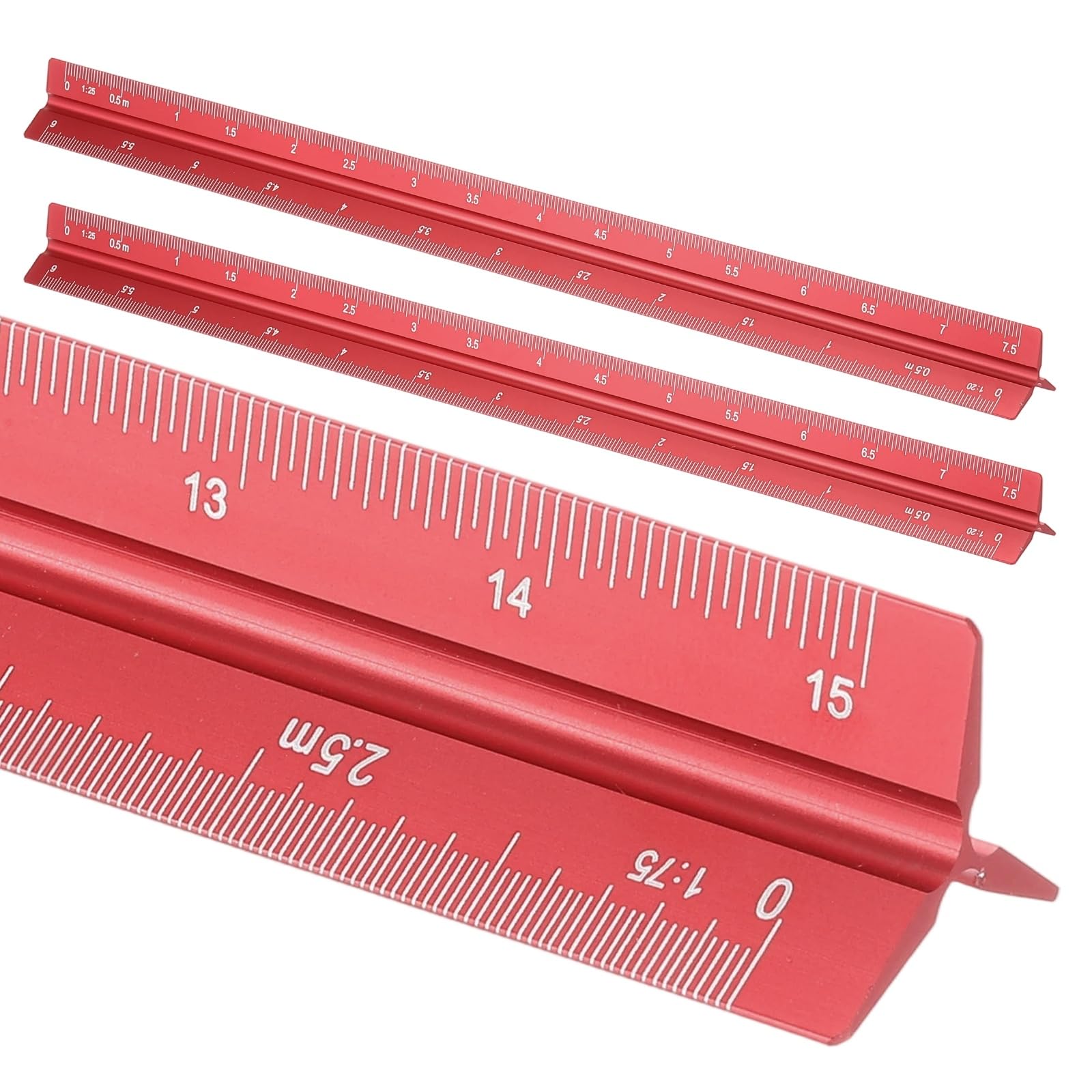 sourcing map 2 Pcs Architectural Scale Ruler, 12 Inch Metric Aluminum Alloy Architect Triangular Small Scale Laser-Etched Blueprint Drafting Ruler for Architects Engineers, Red