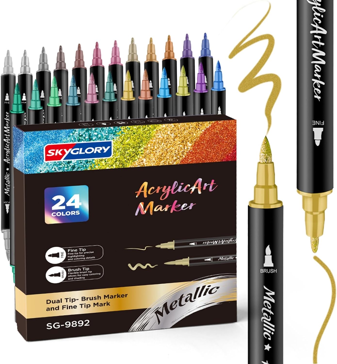 24 Color Dual Tip Metallic Acrylic Paint Pens for Rock Painting, Metallic Marker Pens & Paint Marker for DlY Arts & Crafts, Wood, Non-Toxic Craft Supplies-Fine & Brush Tips for Multi-Surface Art