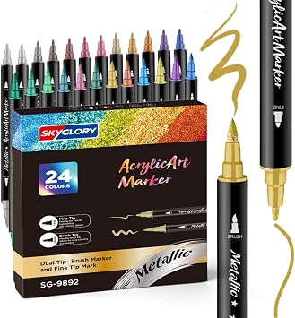 24 Color Dual Tip Metallic Acrylic Paint Pens for Rock Painting, Metallic Marker Pens & Paint Marker for DlY Arts & Crafts, Wood, Non-Toxic Craft Supplies-Fine & Brush Tips for Multi-Surface Art