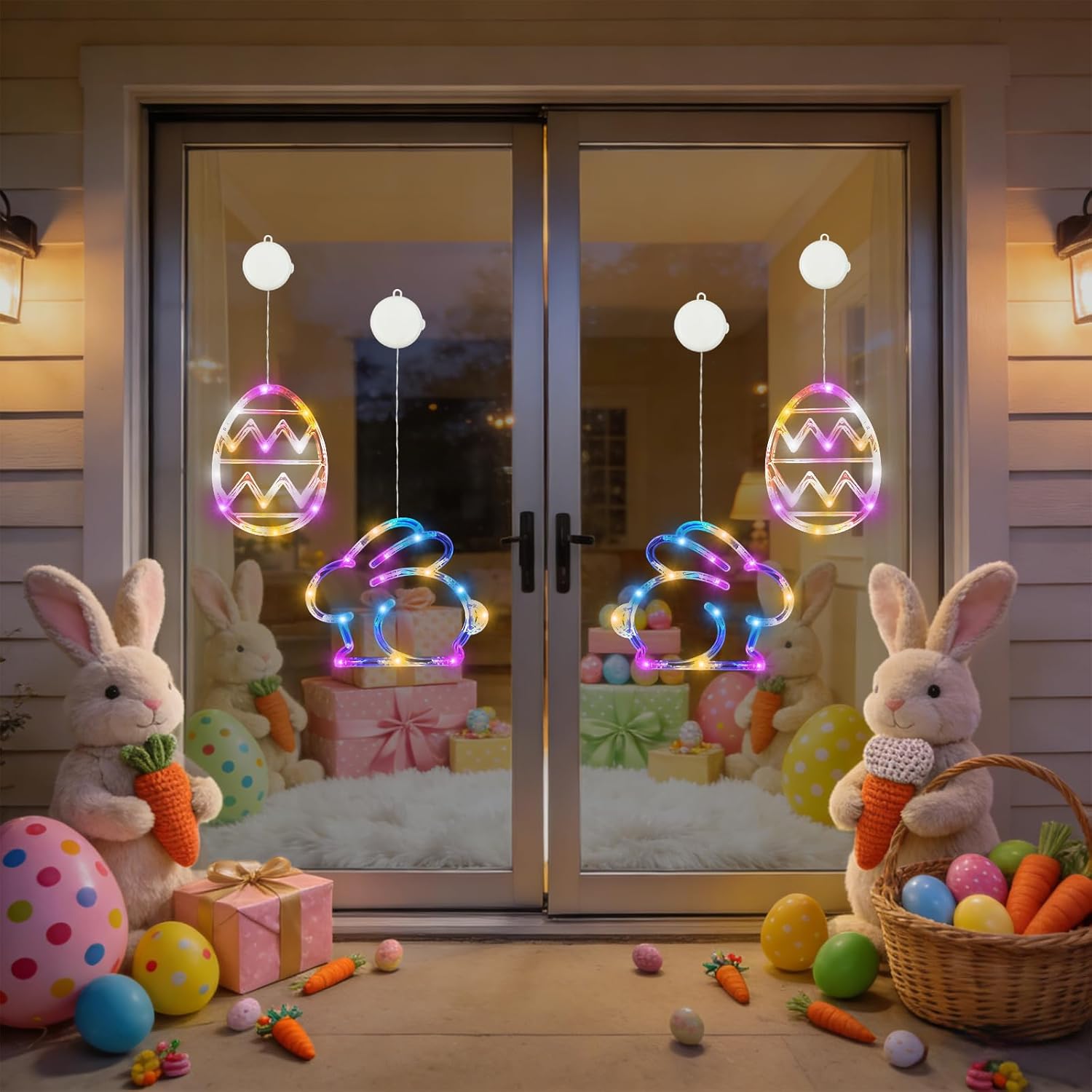 BHCLIGHT 4 Pack Easter Window Lights, Multicolor Bunny and Egg Lights, Battery Operated Easter Window Decorations Light up with Suction Cup and Timer Function for Indoor Window Glass Wall Party Decor