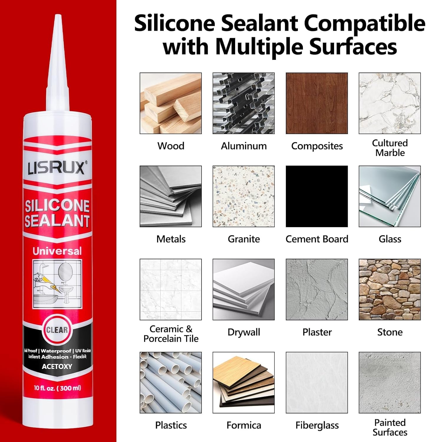 LISRUX Advanced Clear Silicone Caulk for Kitchen & Bathroom,10 fl oz Cartridge,24 Pack,100% Waterproof RTV Silicone Sealant,Stronger Adhesion,Shrink & Crack Proof