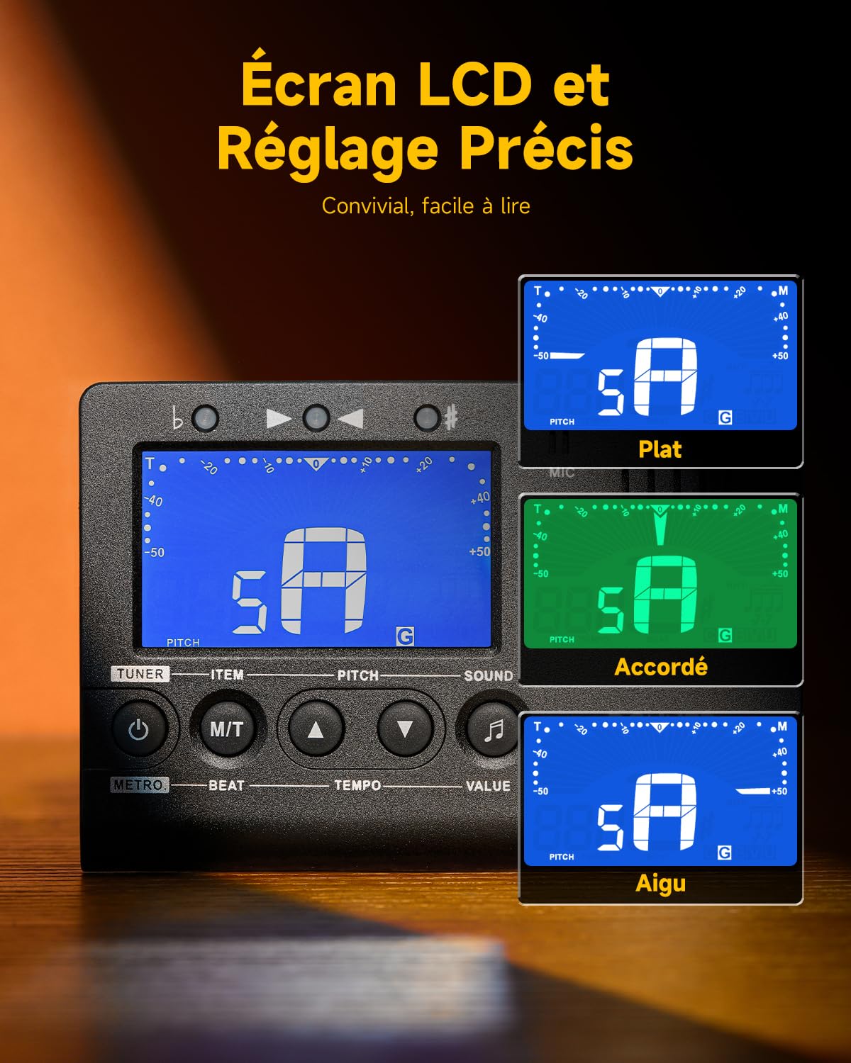 Donner 3 en 1 Accordeur de Guitare Métronome electronique et Générateur de Son avec écran LCD pour Instruments Chromatiques, Guitare, Basse, Ukulélé, Violon, Piano, trompette (DMT-01)
