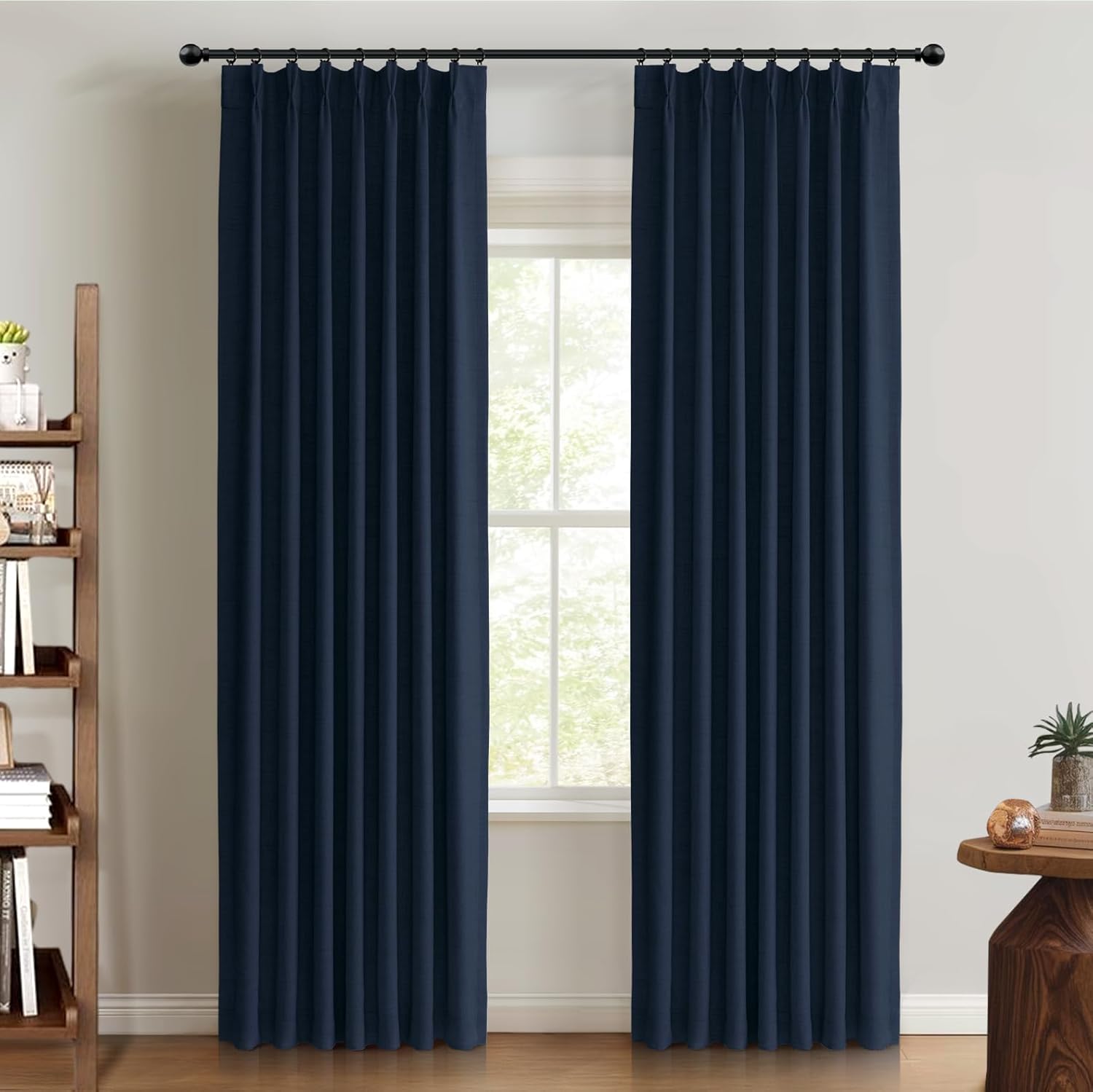 100% Blackout Shield Linen Look Textured Pinch Pleated Curtains Blackout Drapes 96 Inch Long 2 Panels Set, Faux Linen Blackout Curtains for Bedroom & Living Room, 40" W x 96" L, Midnight Blue