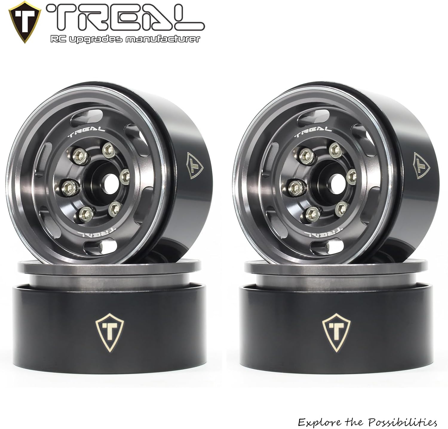 TREAL 1.55 Beadlock Wheels Vintage Wheels (4pcs) CNC Metal Wheel Upgrades for 1/18 UTB18 and 1/10 RC Crawler Car Axial AX90069 D90 TF2 Tamiya CC01-Type C(Grey)