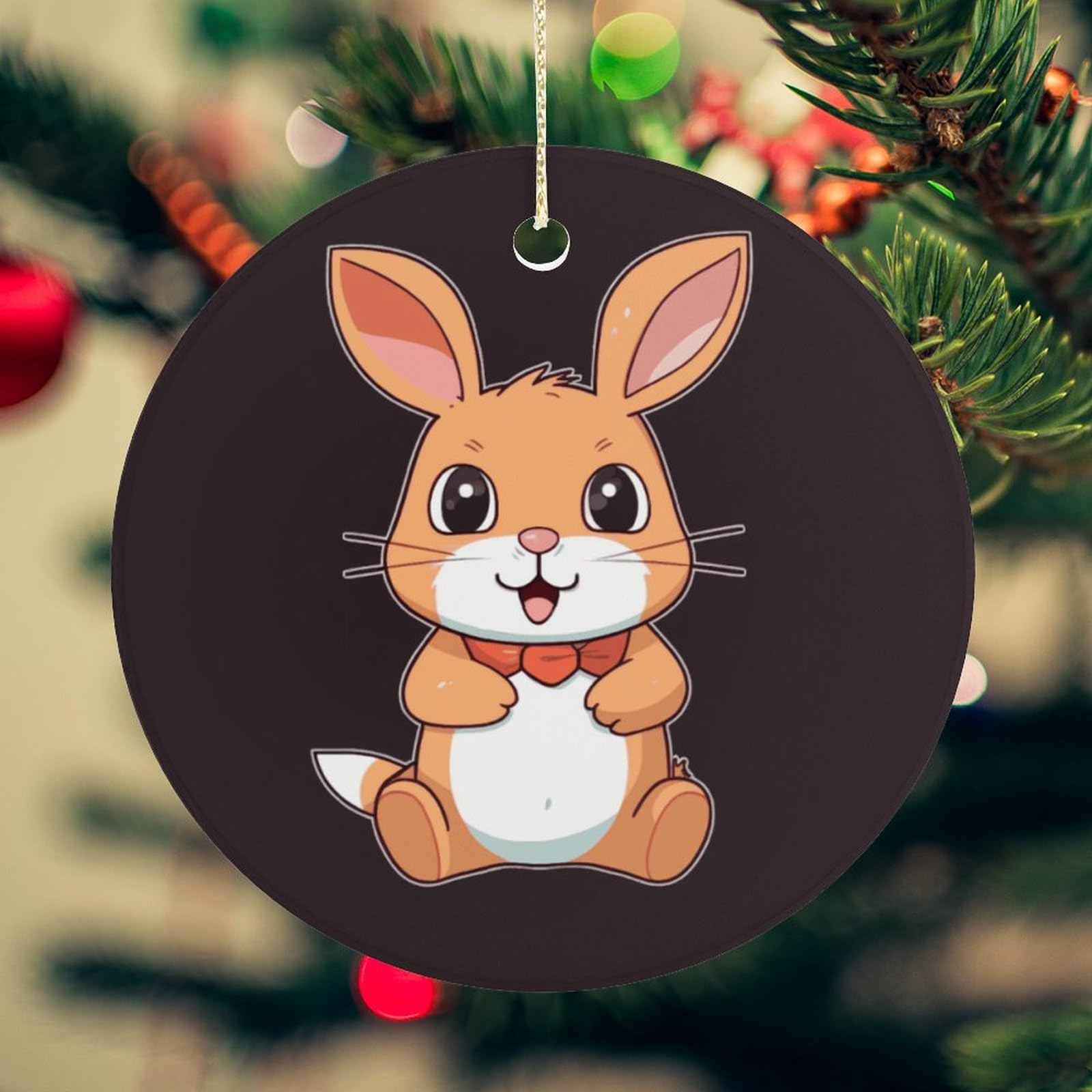 Cute Cartoon Rabbit Christmas Ornament for Christmas Tree Ceramic Round Ornament Winter Holiday Keepsake Gift 2.7" Christmas Tree Hanging Decorations Circle Ceramic Pendant Xmas Gift