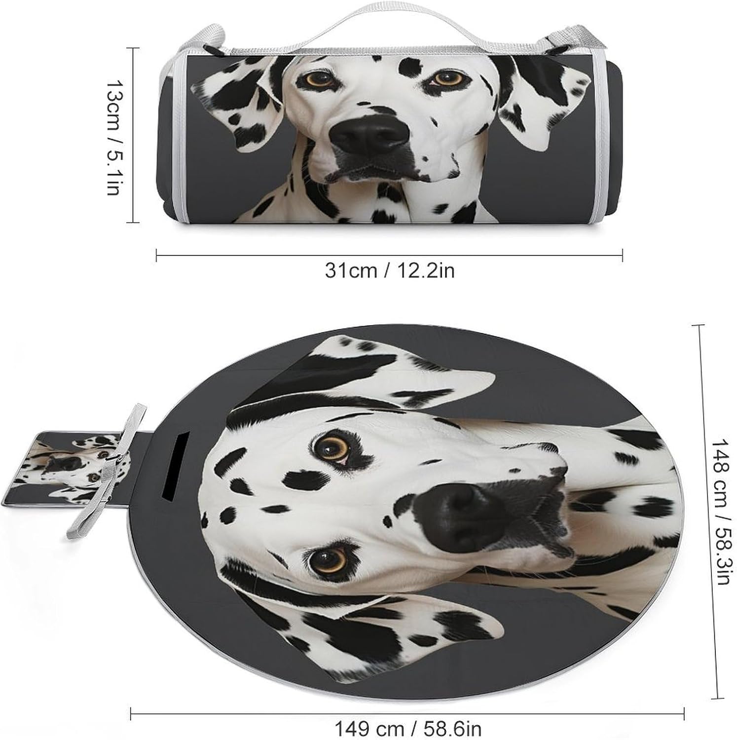 Dalmatian Round Outdoor Picnic Mat Foldable Waterproof Beach Camping Blanket Outdoor Rug with Sponge Padding