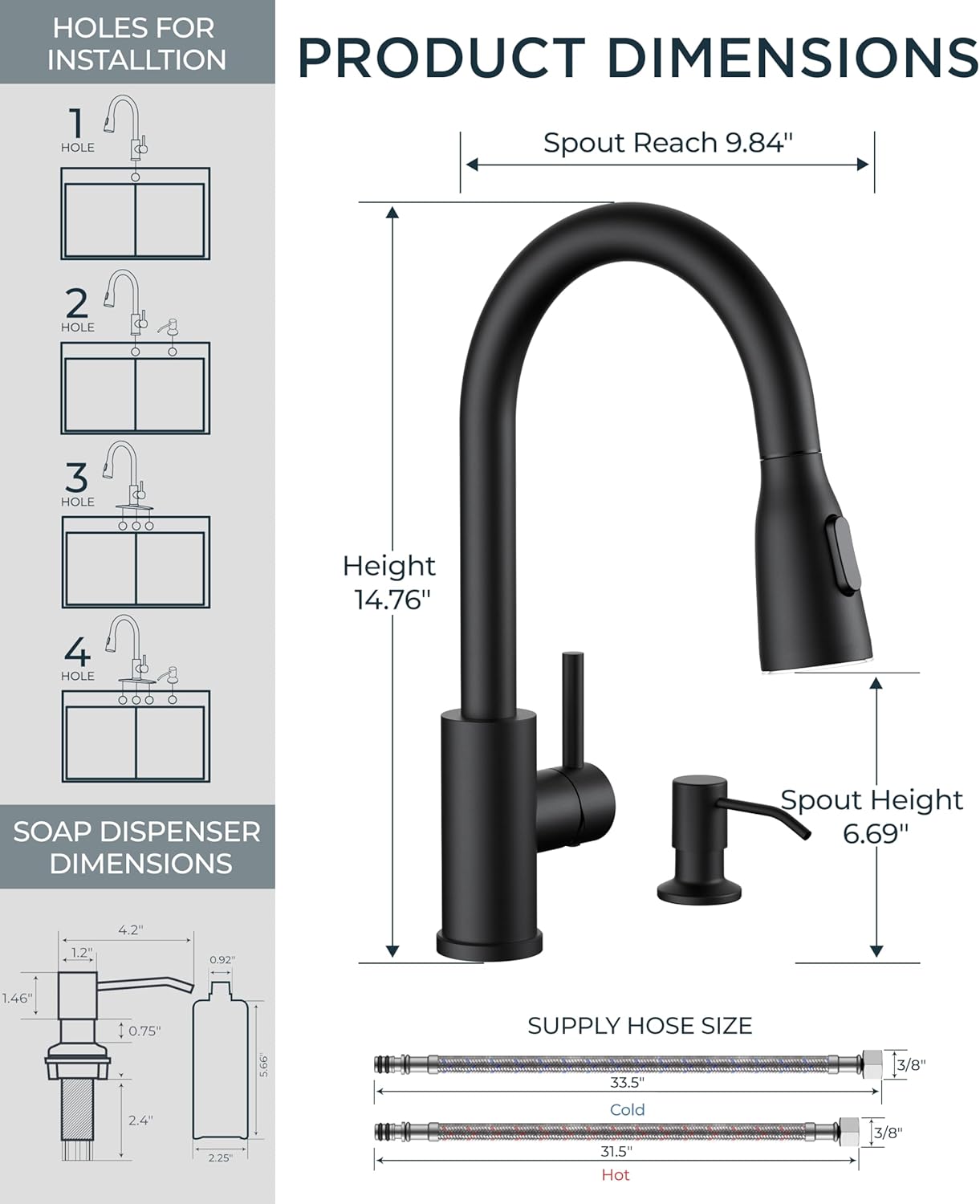 Product dimensions and installation hole configurations for FORIOUS faucet