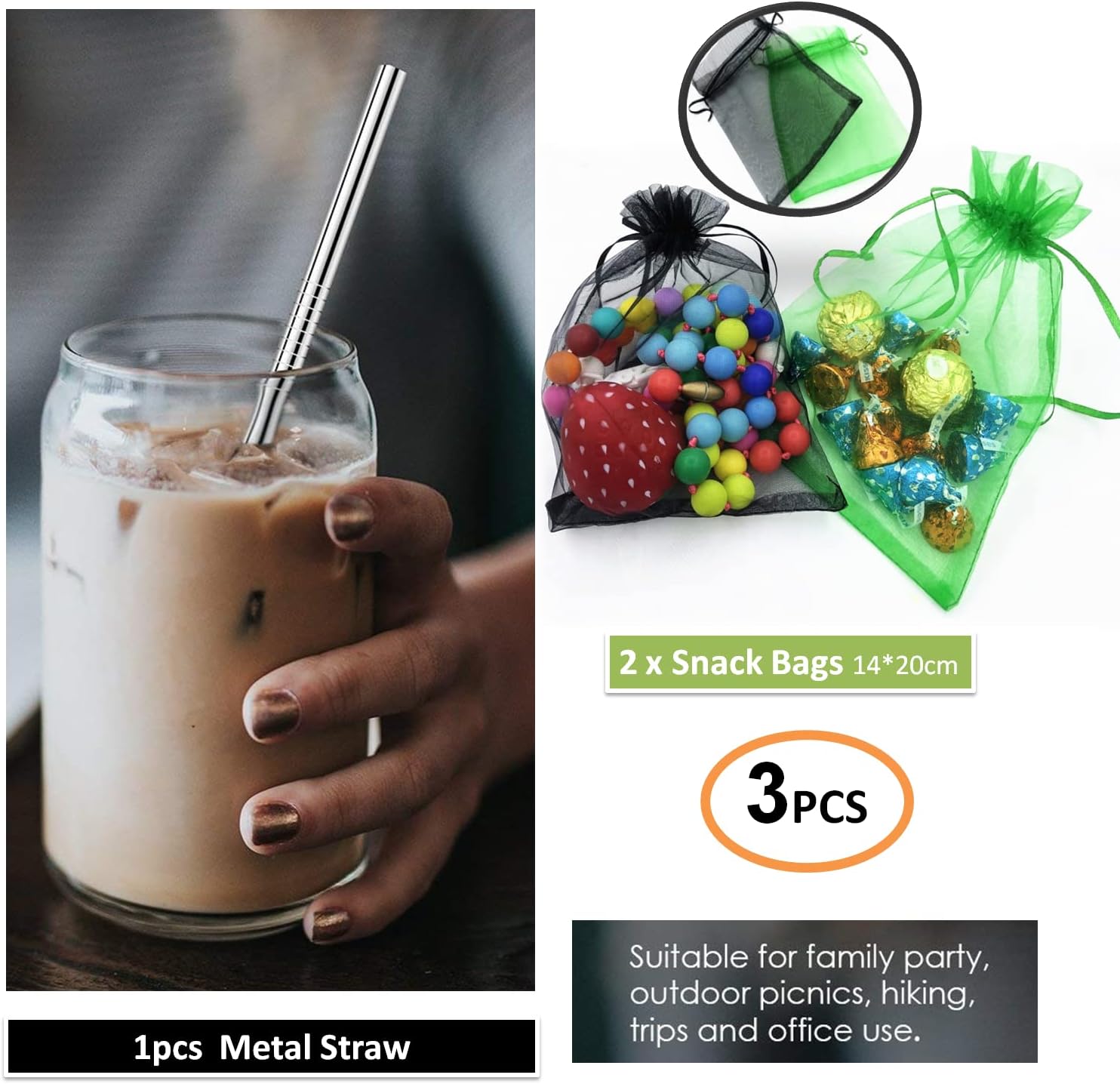 fabquality 15 Pack Silicone Stretch Lids 12pcs, Metal Drinking Straw + 2 Gift Bags, Various Sizes and Shape of Containers, Reusable, Durable + Expandable Food Covers, Keeping Food Fresh, Dishwasher