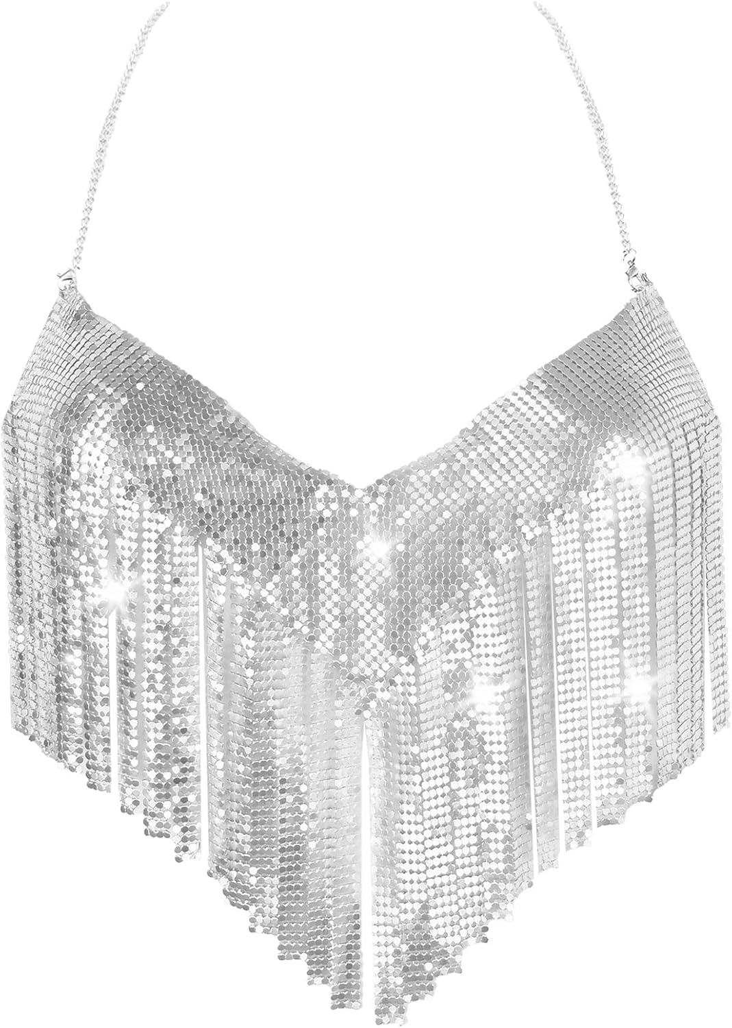 FEOYA Womens Sequin Rhinestone Sexy Metallic Chain Bra Sparkly Outfit Deep V Club Outfits Silver