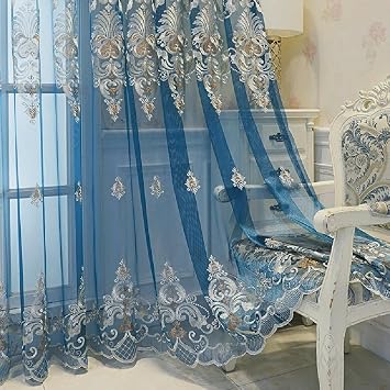 Amidoudou 1 Pair European Jacquard Sheer Curtains Embroidered Tulle Curtains Living Room Bedroom Luxury Translucent Curtains Blue,51x84 Inch