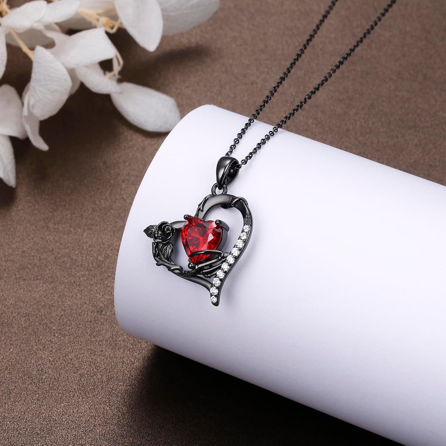 Skeleton Hand Black Rose Necklace 925 Sterling Silver Ruby Heart Pendant Necklace Gothic Jewelry Halloween Easter Gifts for Women - Image 6
