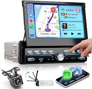 VECHTEL Car Radio 1 Din Carplay Android Car Wireless with 7 Inch Manual Extendable Screen with Piano Buttons, Radio FM with Bluetooth GPS/NAV, 2 USB/Type-C with Rear Camera, Steering Wheel Control