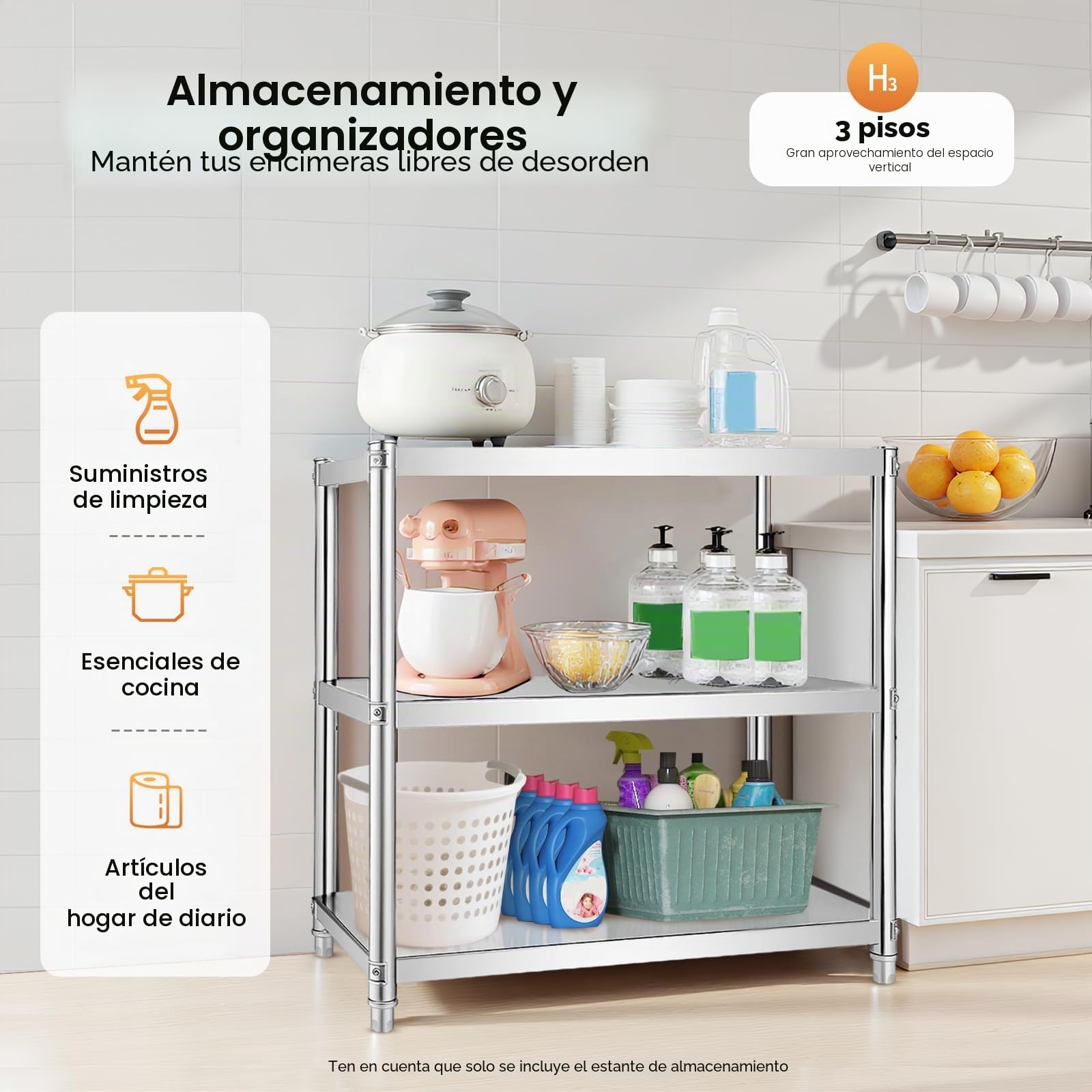 Estantería de acero inoxidable de 3 niveles, mesa de acero inoxidable, 80 x 80 x 40 cm, para cargas pesadas de hasta 60 kg, estantería de cocina de metal